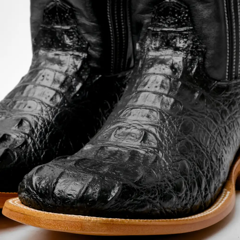 Black Caiman Neck Leather Boots - Square Toe