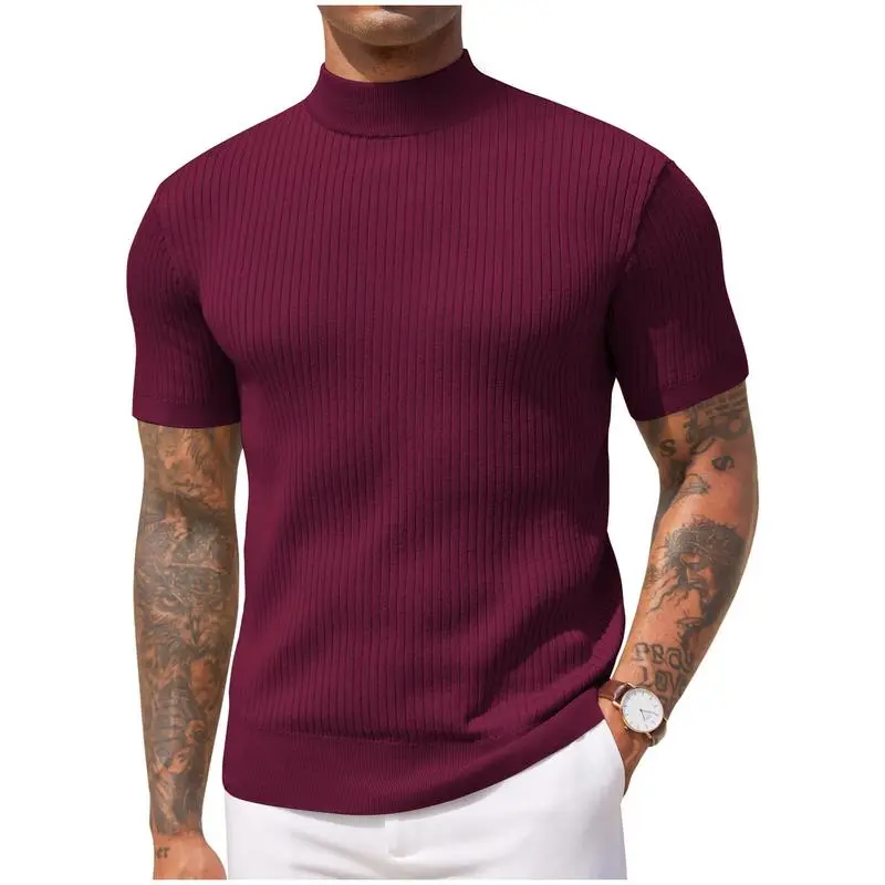 Men's Mock Turtleneck Sweater Short Sleeve Casual Basic Tops Ribbed Knit Pullover Solid Tee(100%Polyester)