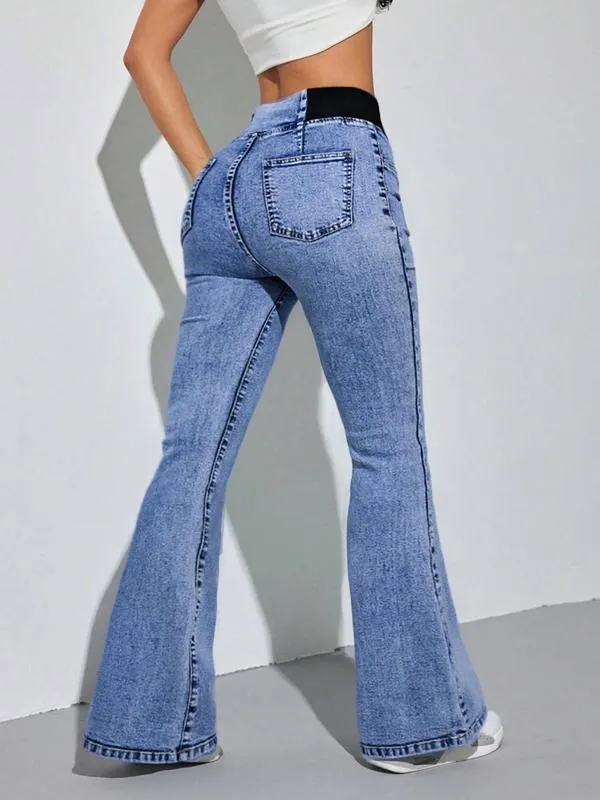 Women's Back Shirred Jeans, Mid - Rise Elasticity Waist Flared Jeans