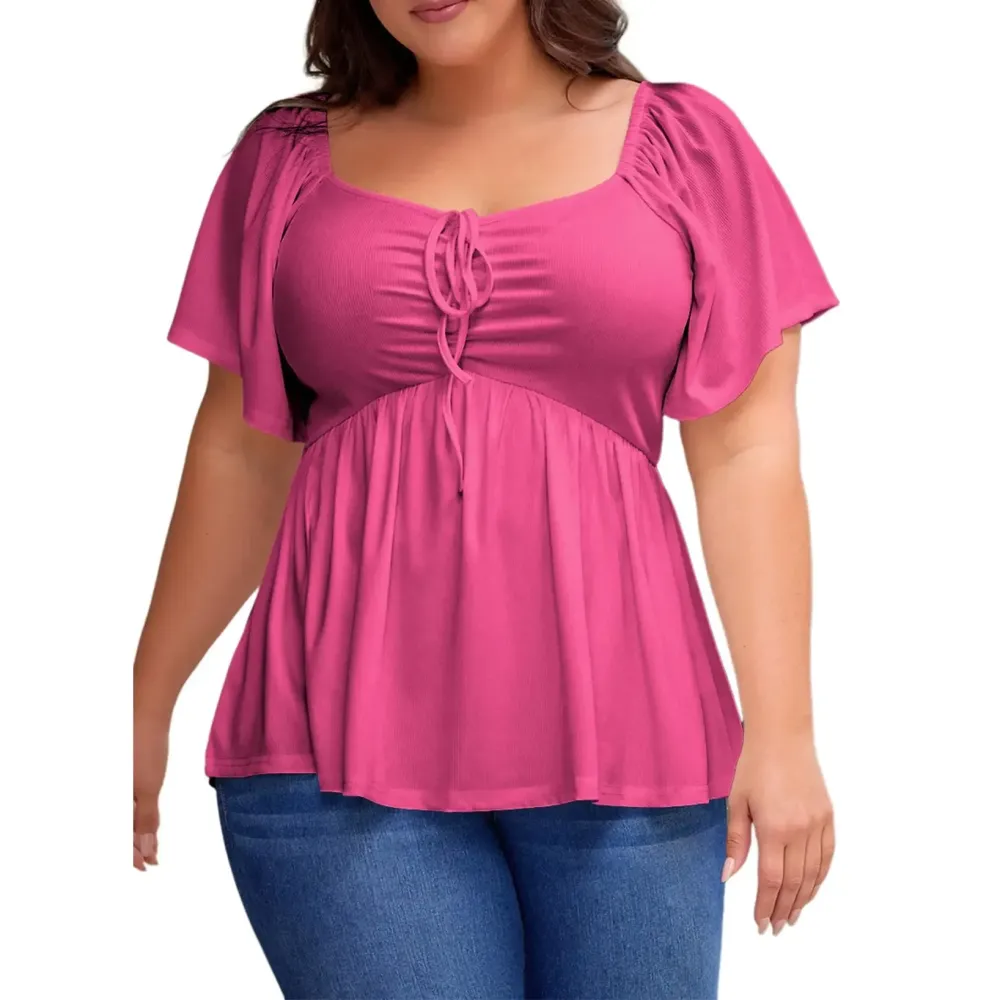 Women Plus Size Sweetheart Neck Short Sleeve Shirred Peplum Blouse Tops Shirts