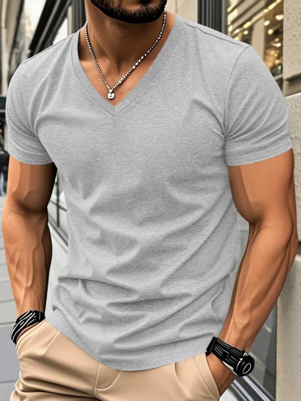 Men's Solid V-Neck Short Sleeve T-Shirt, Soft Breathable Heart-Neck Top, Classic Basic Versatile Tee – Suitable for Daily Wear, Layering & Outdoor Sports, Casual Fashion Must-Have for Men