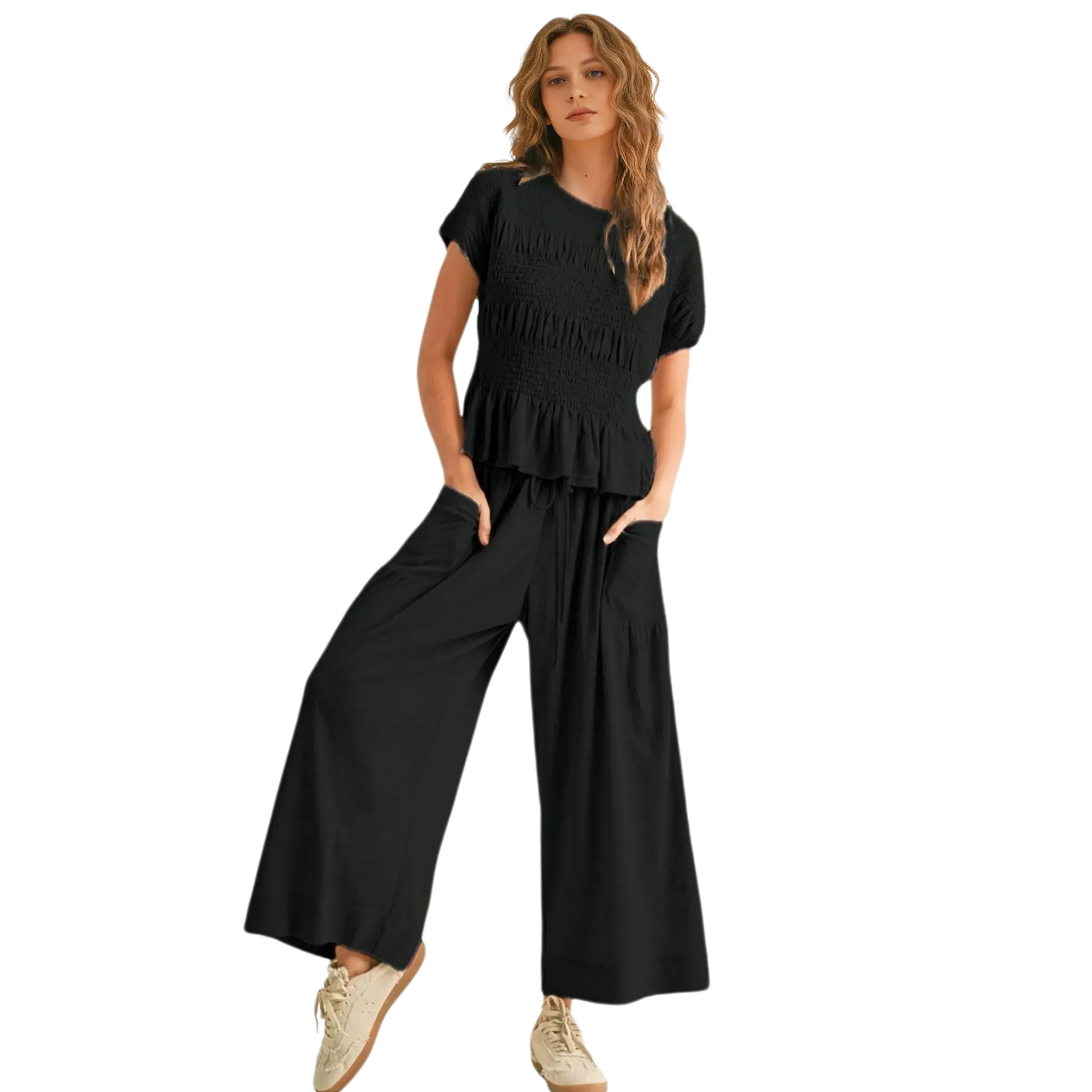 Women's 2-Piece Smocked Top & Wide-Leg Pants Set High-Waisted Lounge Outfit with Pockets Casual Boho Matching Set Minimalist Basic Kleinblue Crewneck Clothes Suits Fitted Trouser