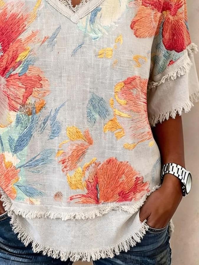 🔥Free Shipping Over $69🔥Women'S Casual Frayed-Edge Spliced ​​Printed Top