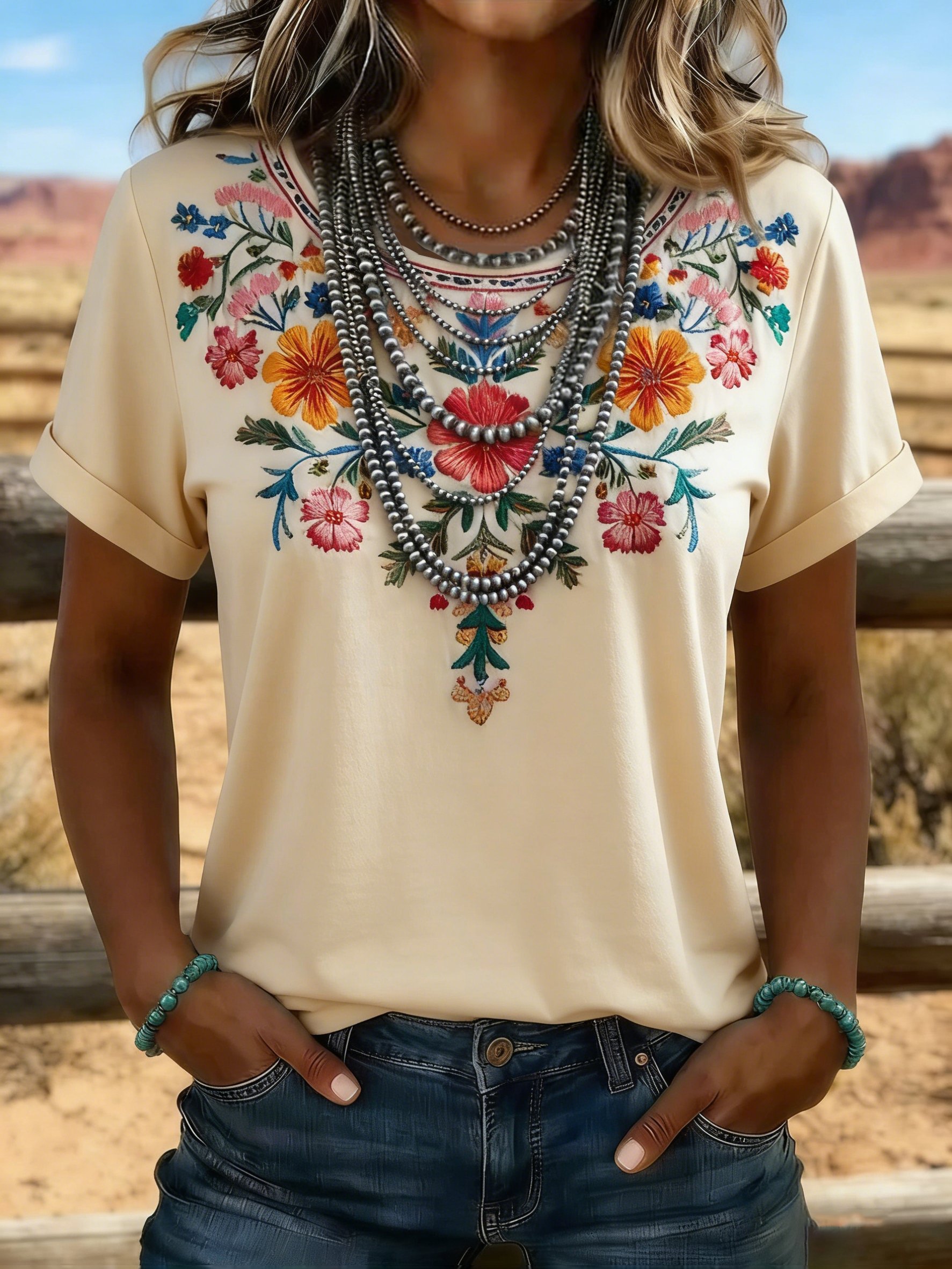 Women's Casual Retro Western Print T-shirt