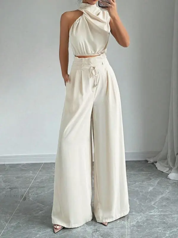Women's Solid Color Crop Tank Top & Wide Leg Pants Two-piece Set