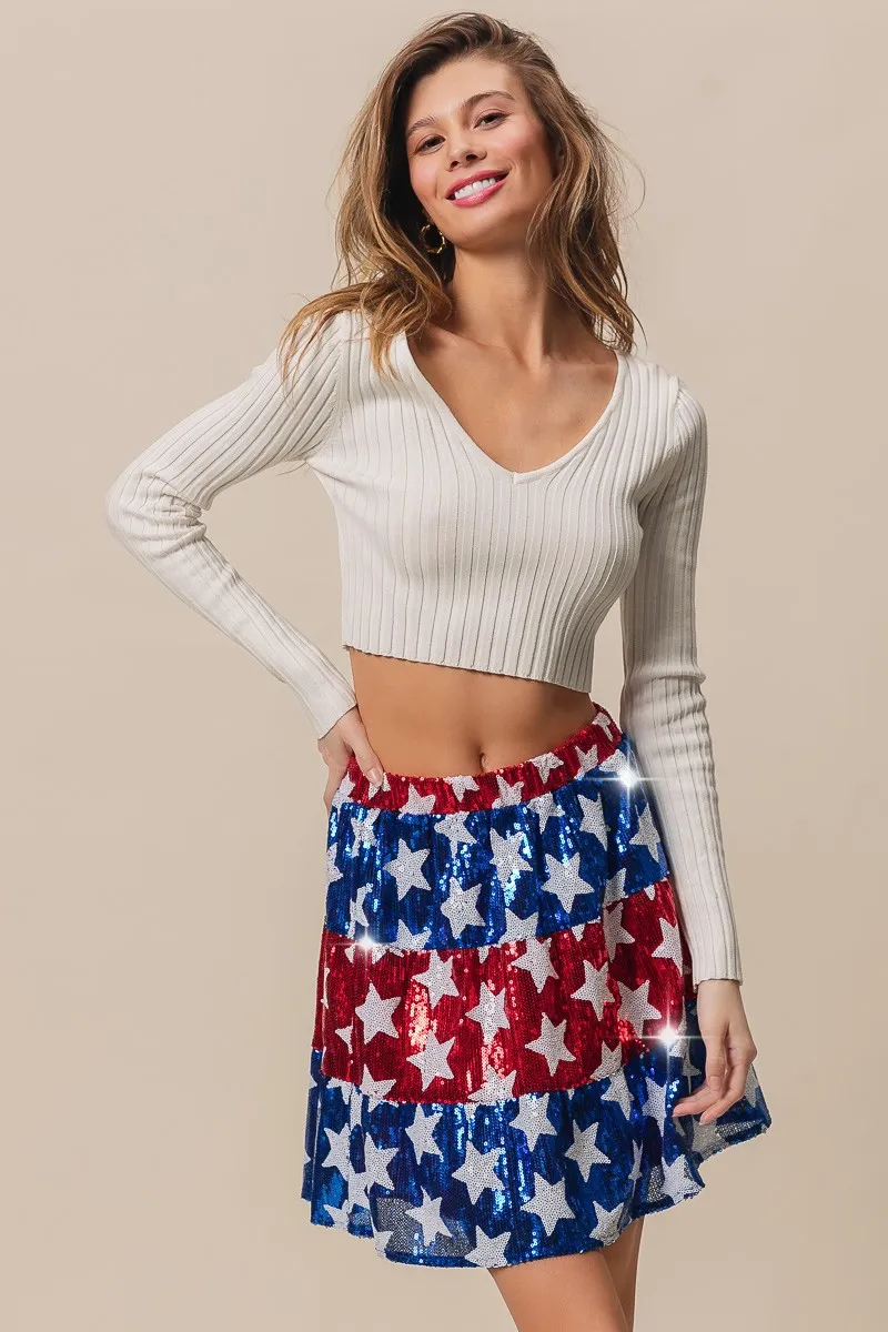 American Flag Theme Star Sequin Tiered Skirt
