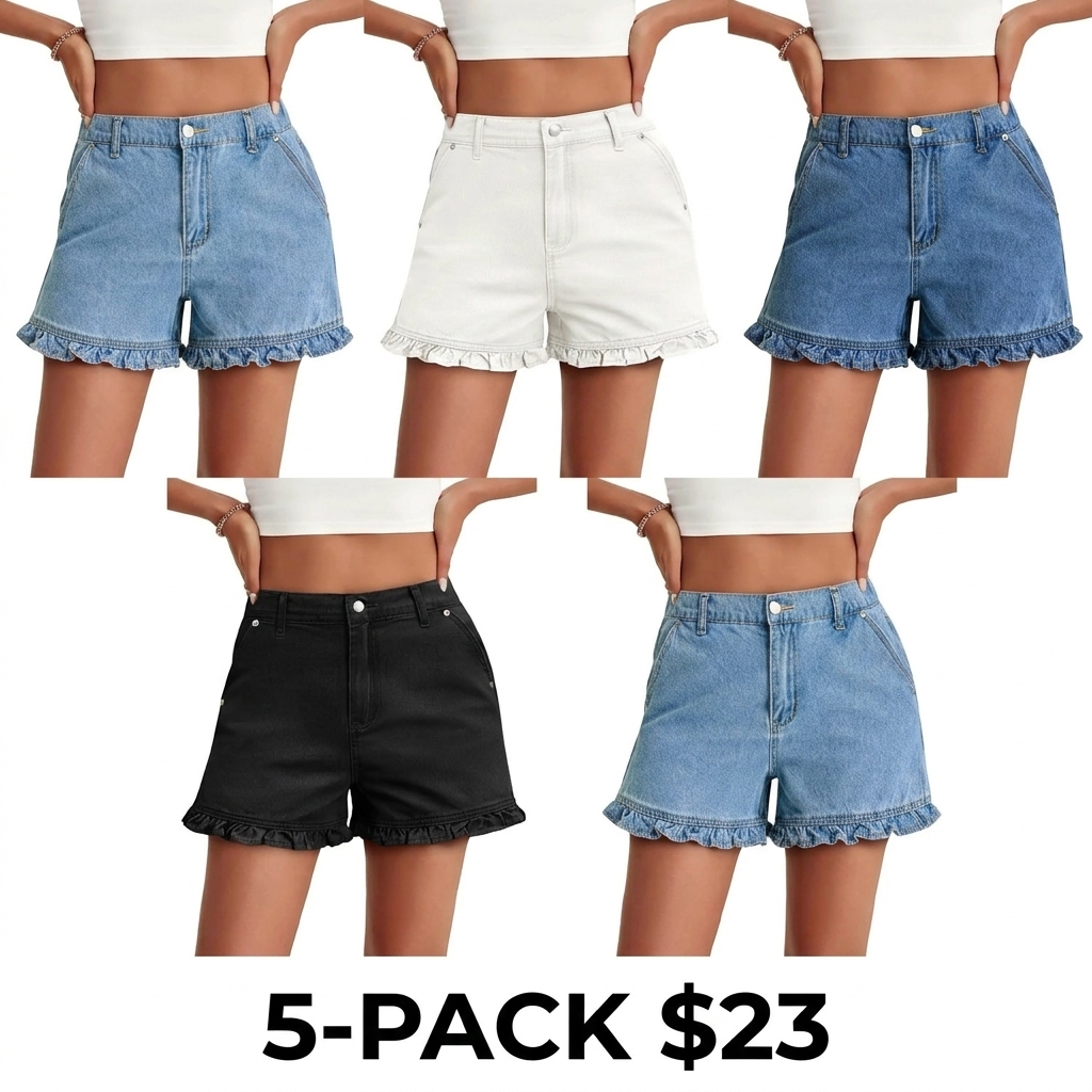 Women's High Waisted Ruffle Denim Shorts – Cute Cotton Summer Jeans with Pockets