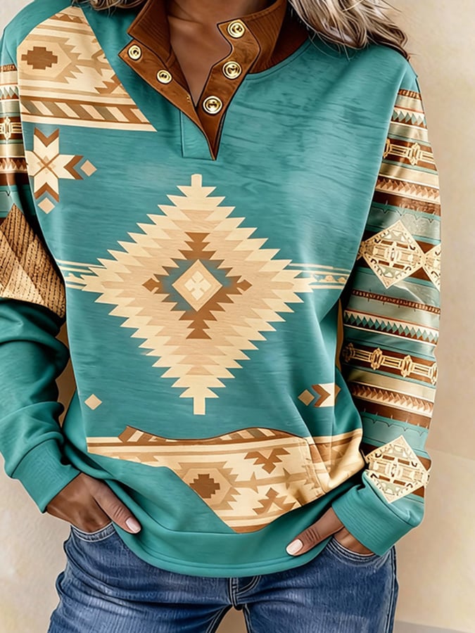 Women'S Casual Color Block Printed Pullover Sweatshirt