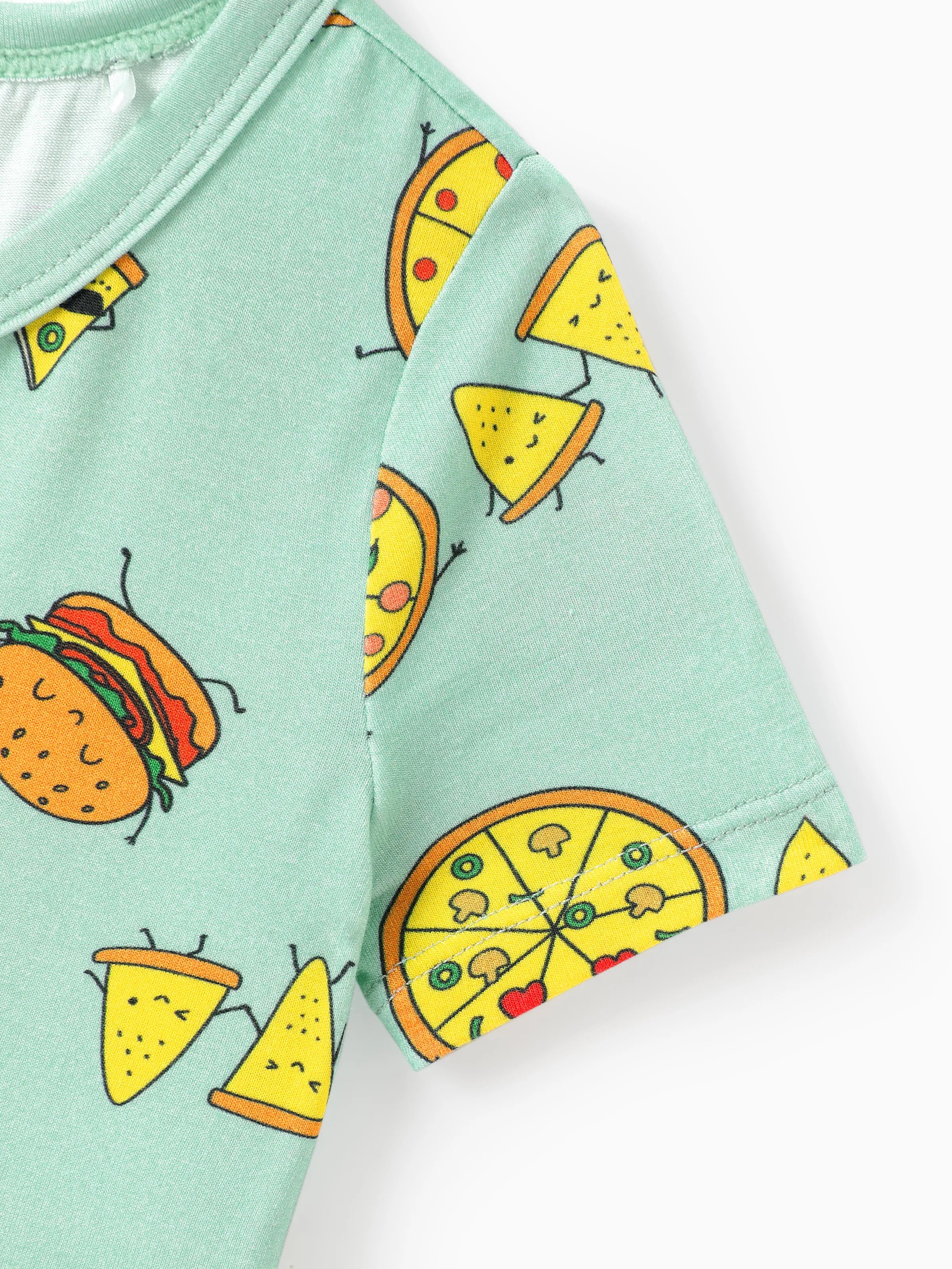 Bamboo Family Mint Green PJs Cute Cartoon Food Theme Print Short Sleeve & Long Pants Sleepwear Matching Pajama set (Snug-Fitting for Children) Light Blue