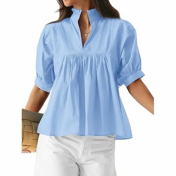 Women's V Neck Puff Sleeve Blouse – Babydoll Peplum Loose Fit Top