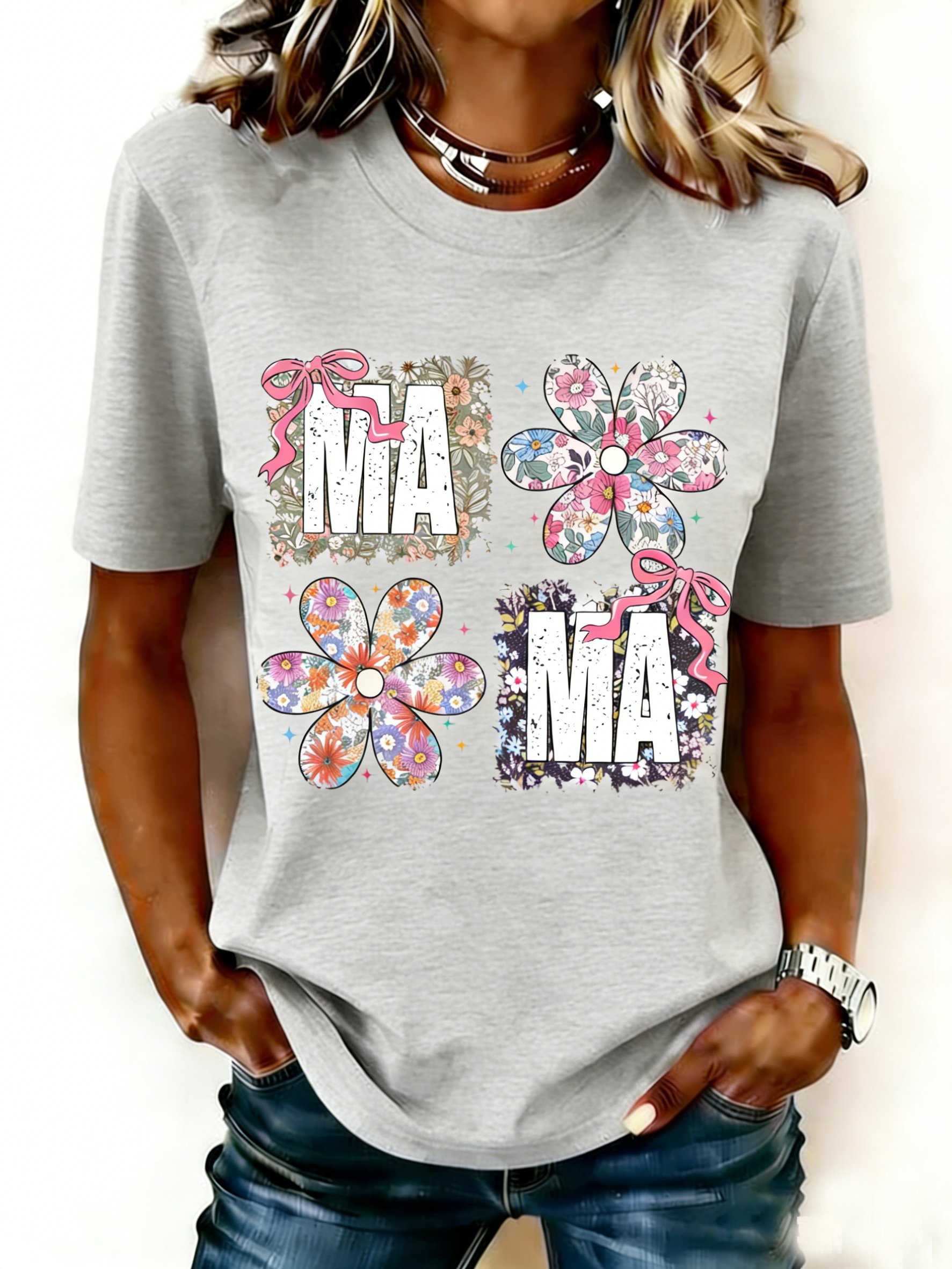 Mother's Day Letter Pattern Floral Short Sleeve Round Neck Loose  Casual T-Shirt