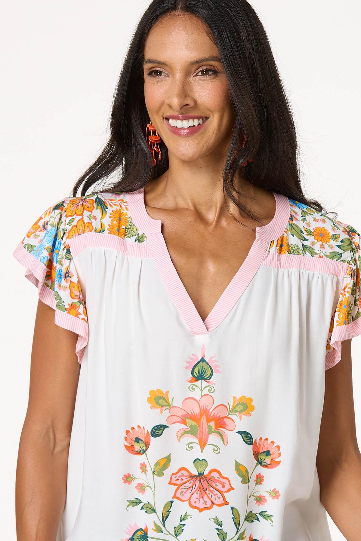 Floral Print Stripe Trim Top