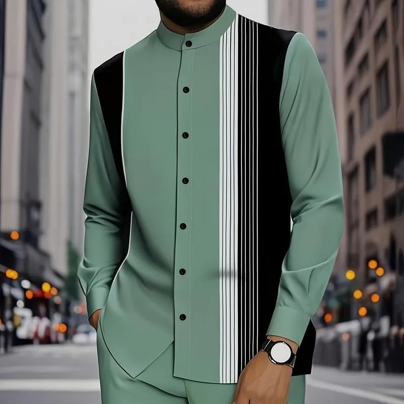 2 piece men's black and white vertical stripe graphic printed button up collar top and drawstring waist casual pants