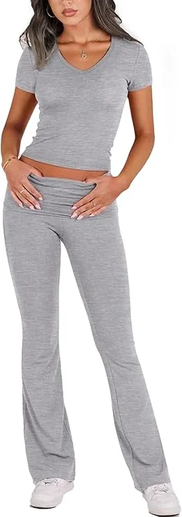 Women's Two-Piece Casual Set: Fitted Short-Sleeve Top with Bell-Bottom Pants