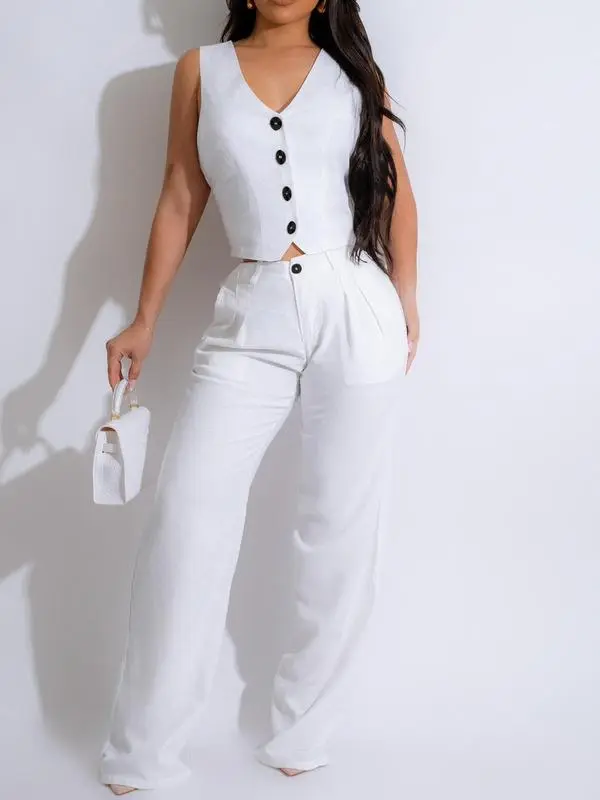 Women's Button Front V Neck Crop Tank Top & High Waist Pants Set