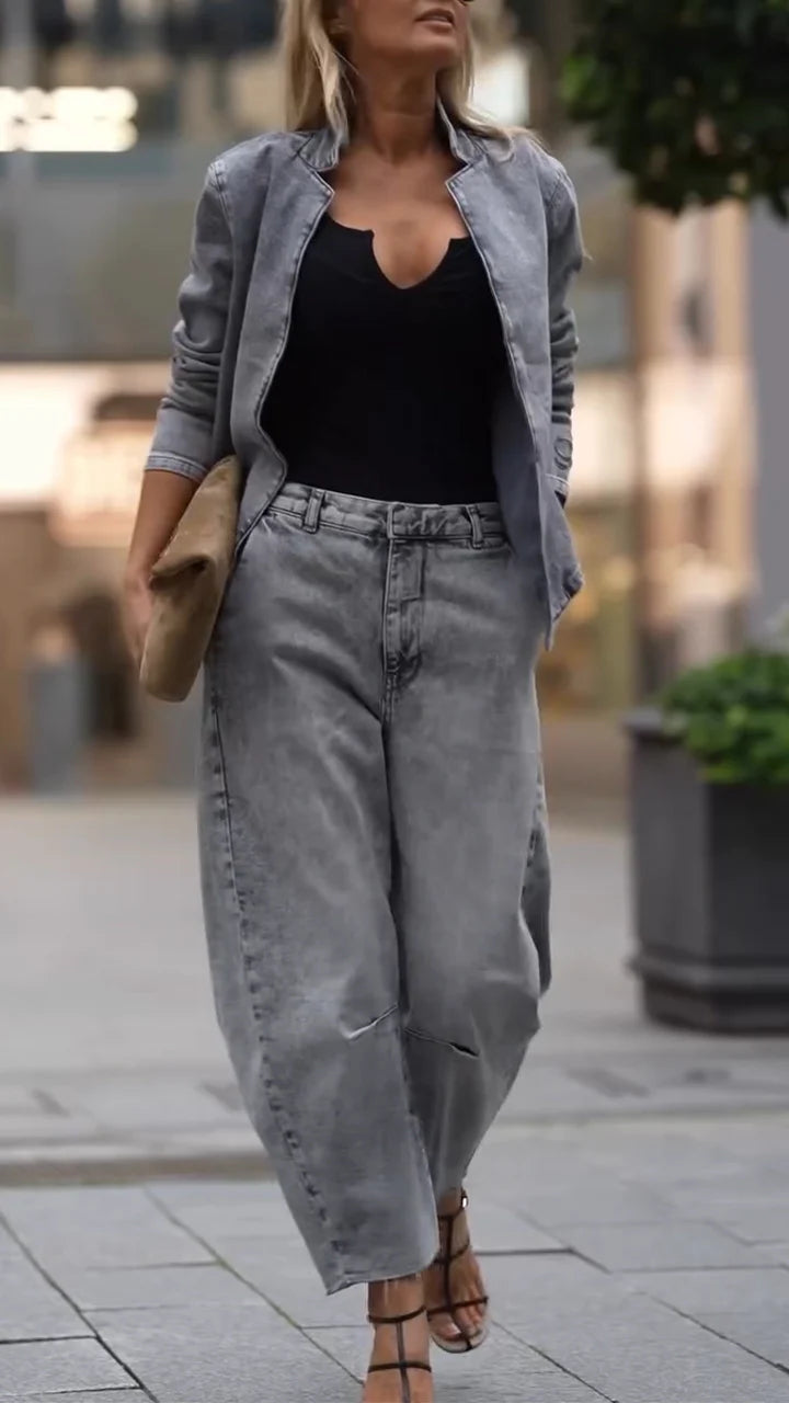 Ladies Round Neck Coat+ Pants Casual Set