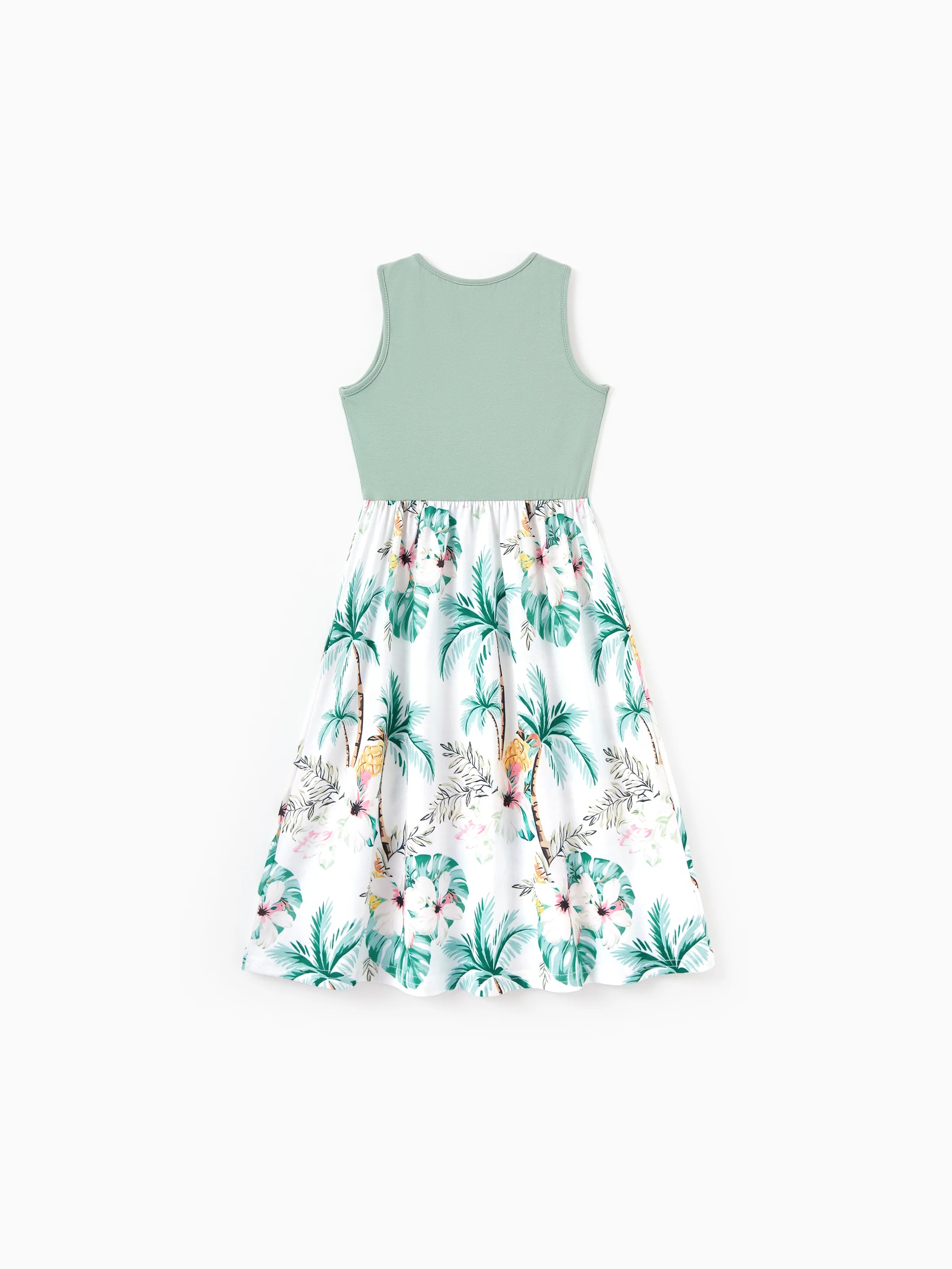 Family Matching Tropical Print Outfits Mommy & Me Tank Dress & Dad/Kids Cotton T-Shirt Set
 Green