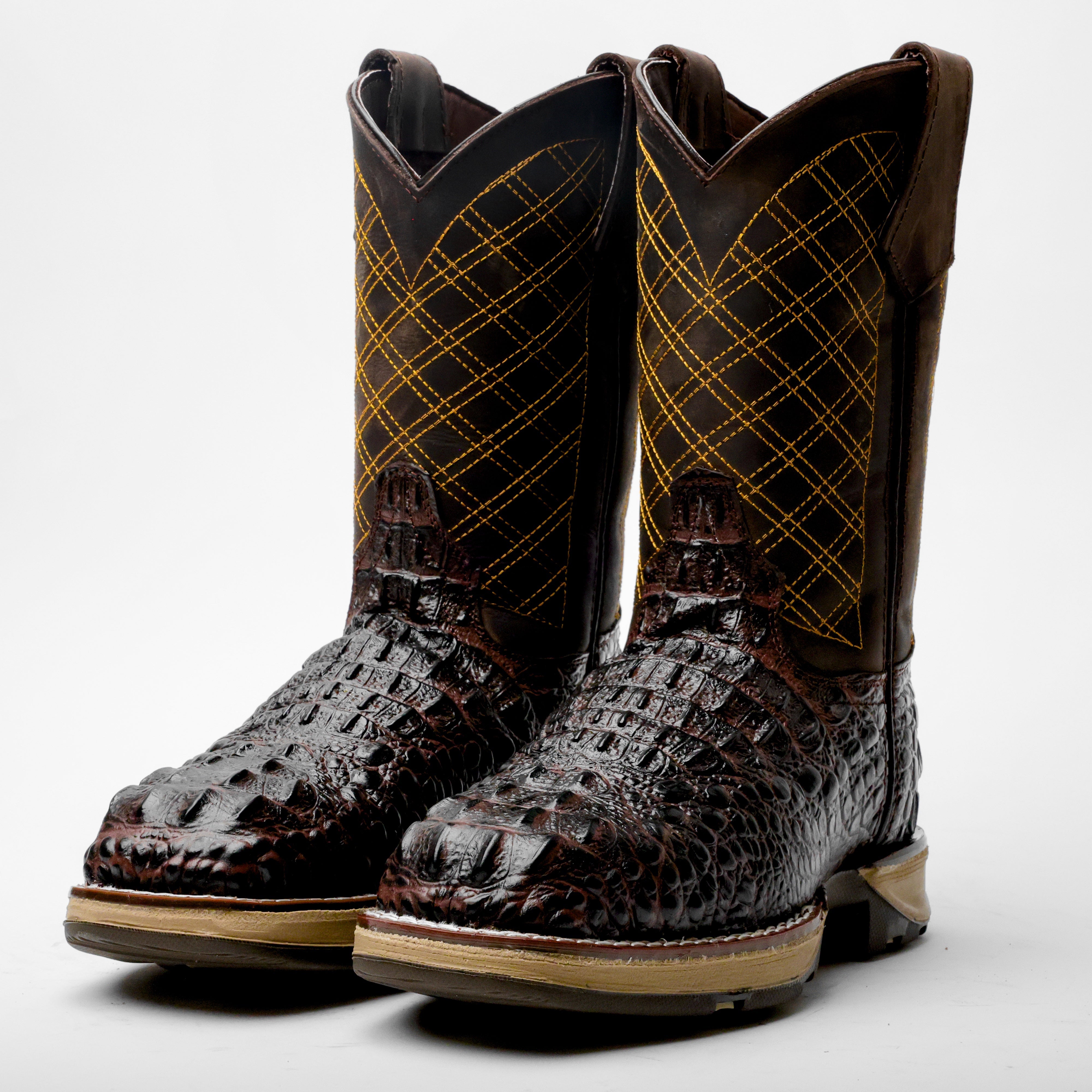 Brown Caiman Neck Leather Boots With 3D Lightweight Sole - Composite Toe