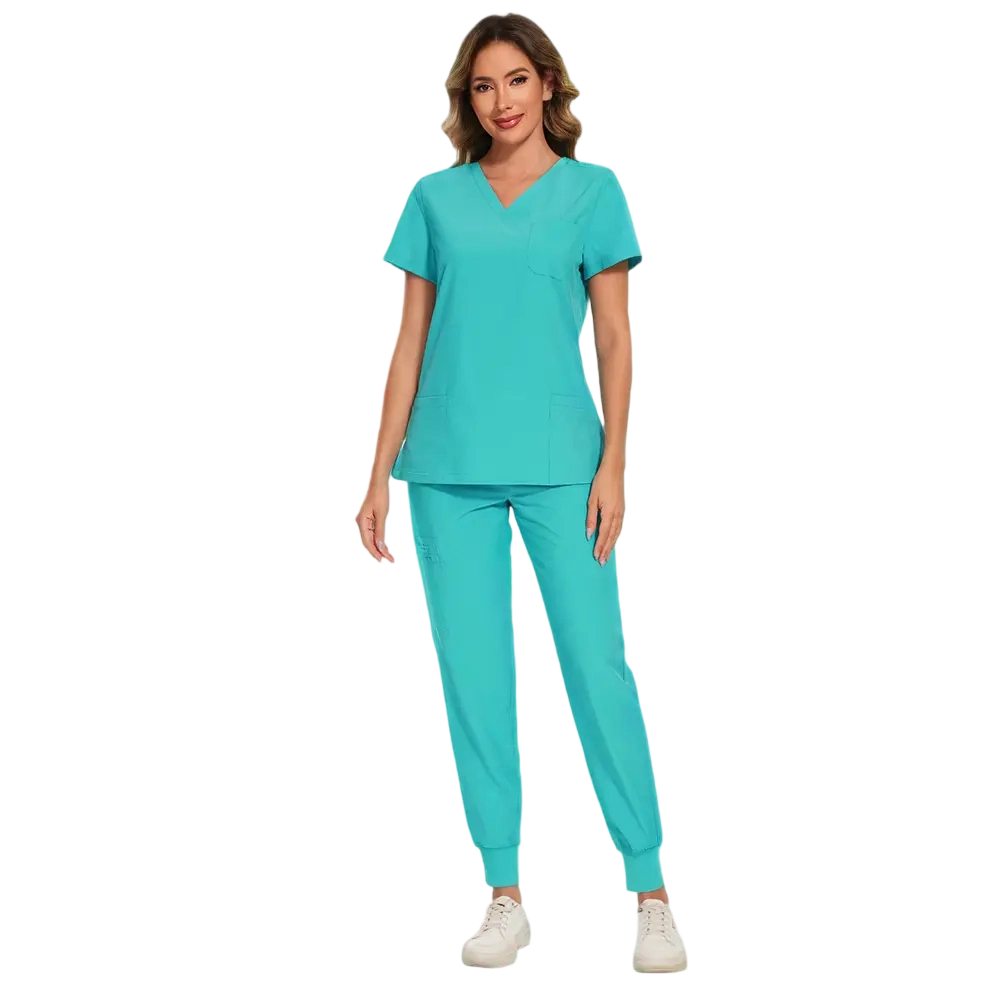 Women Stretch V-Neck Scrub Top & Jogger Pant Set   with 8 Pockets