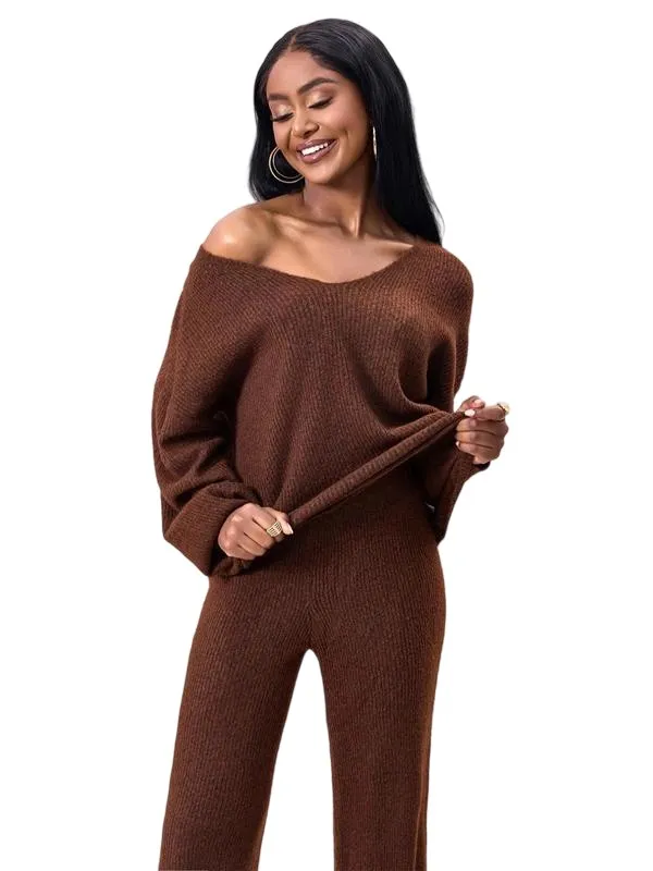 Two-piece Set Women's Solid Color Drop Shoulder Sweater & Pants