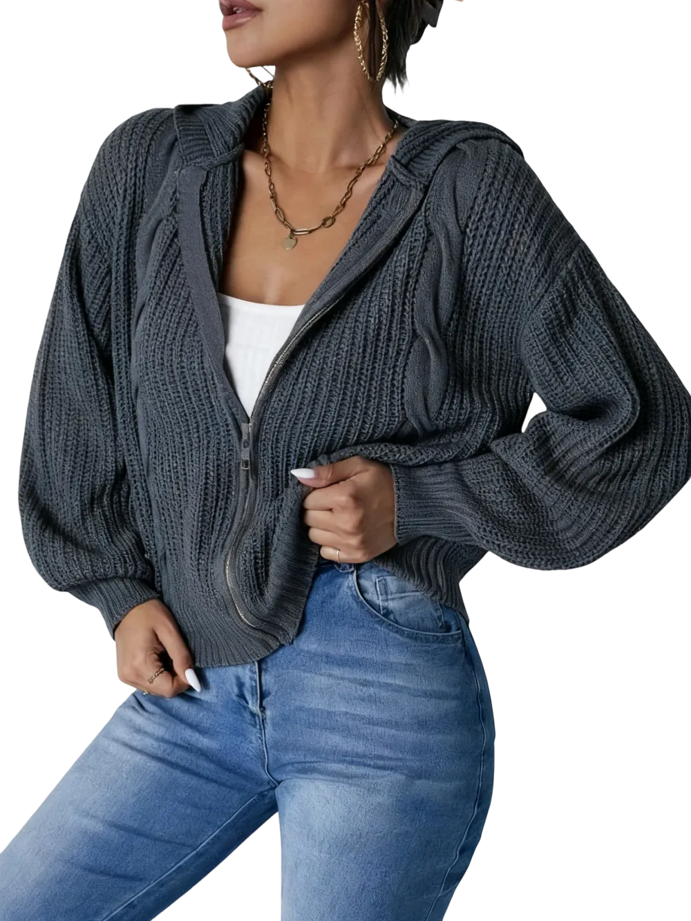 Women's Plain Zip Up Hooded Cardigan