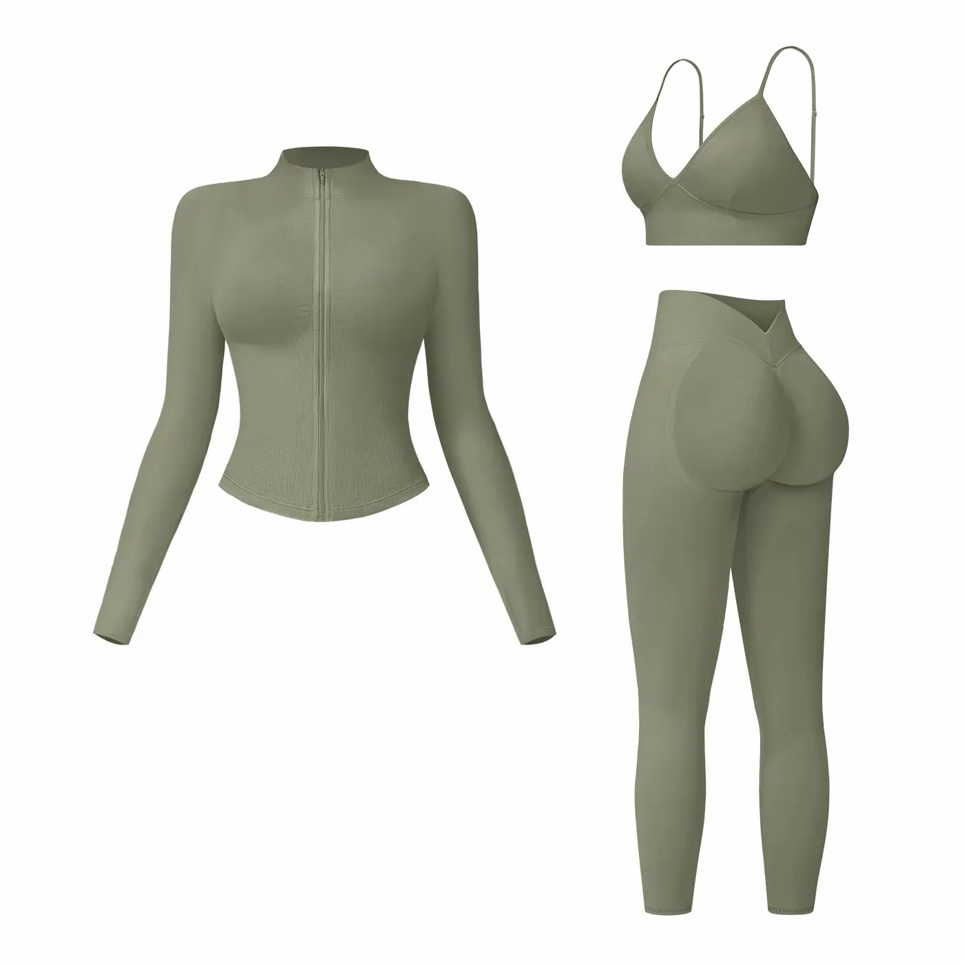 Women's 3-Piece Activewear Set – Criss Cross Crop Top, High Waist Leggings & Zip Up Jacket
