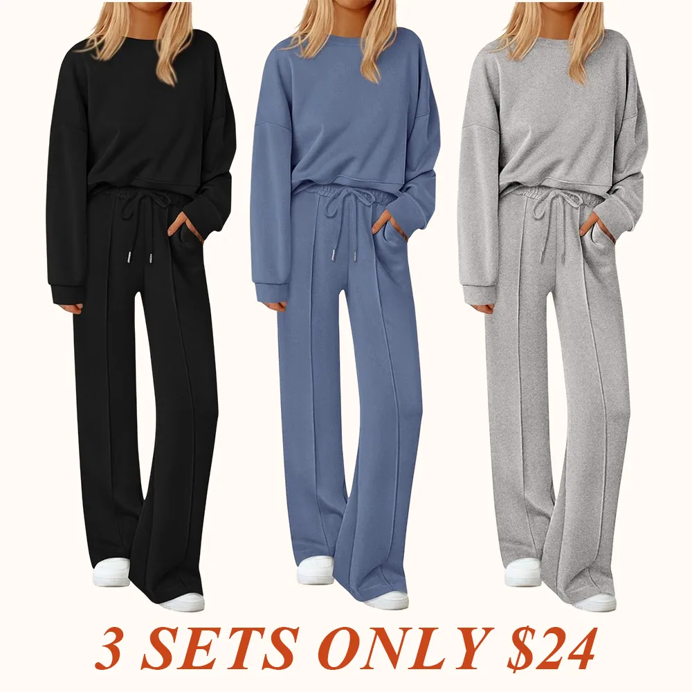 2 Piece Sets For Women Fall Trendy Long Sleeve Sweatshirt Wide Leg Pants Loungewear