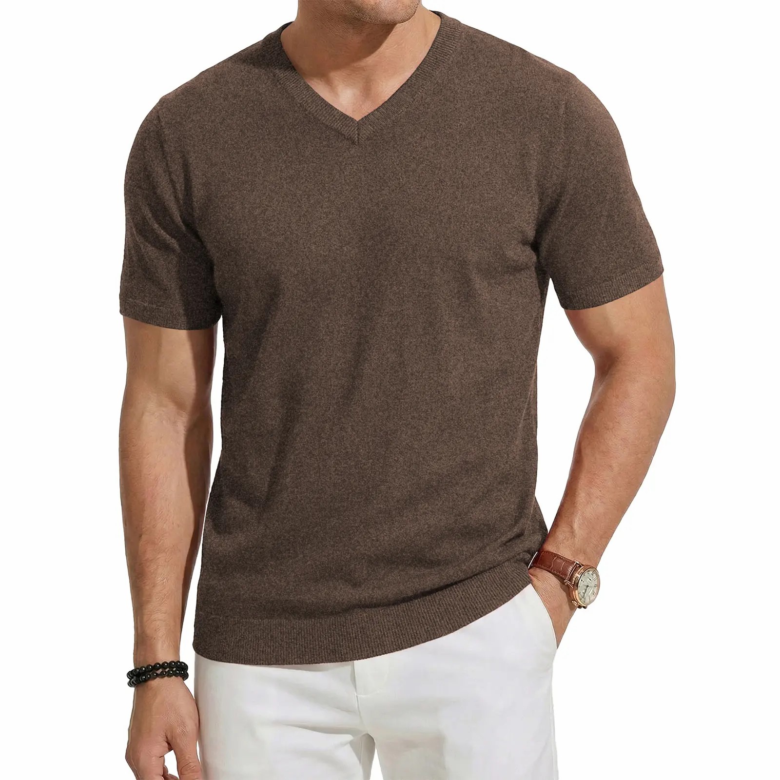 Men's Wool Blend Short Sleeve V-Neck Sweater Soft Textured Knit Pullover for Business Casual Wear