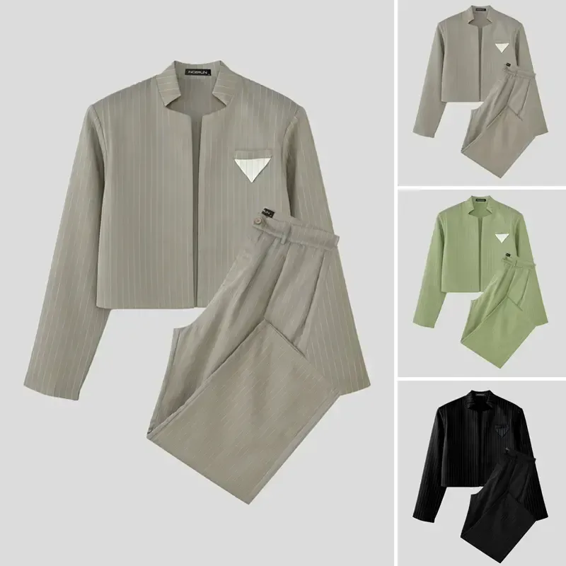 Men's Pinstripe 2-Piece Set Cropped Blazer & High Waist Wide Leg Pants Suit