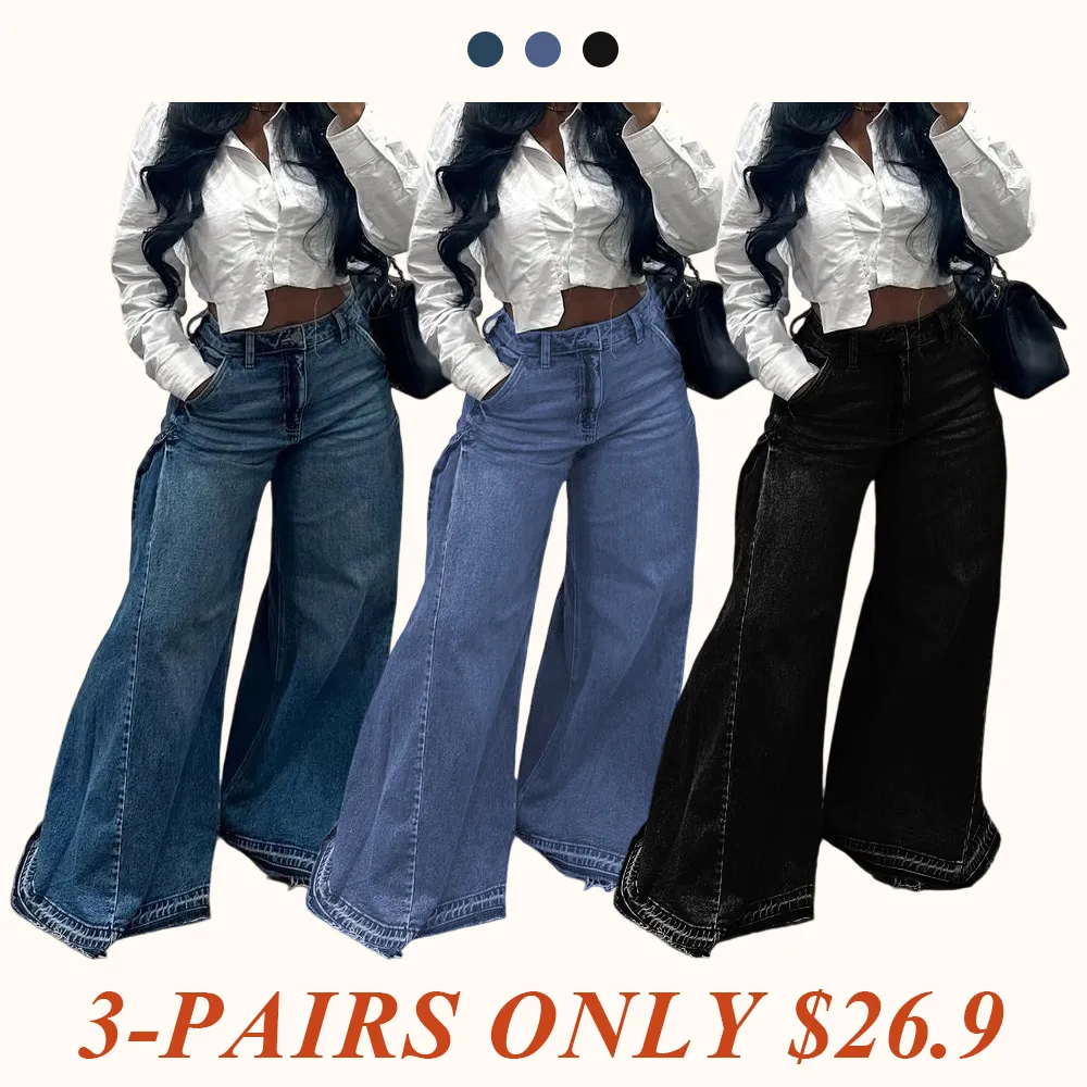 Women Flared Wide Side Loose Jeans High Waist