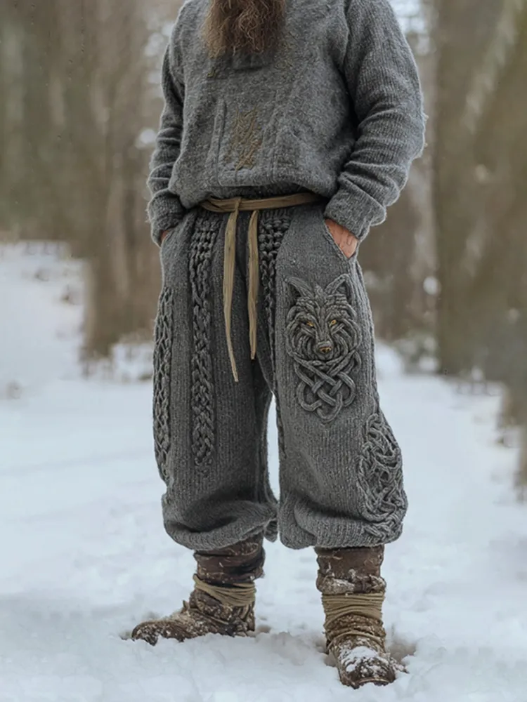 Men's Vintage Viking Celtic Knot Wolf Art Cozy Knit Sweatpants