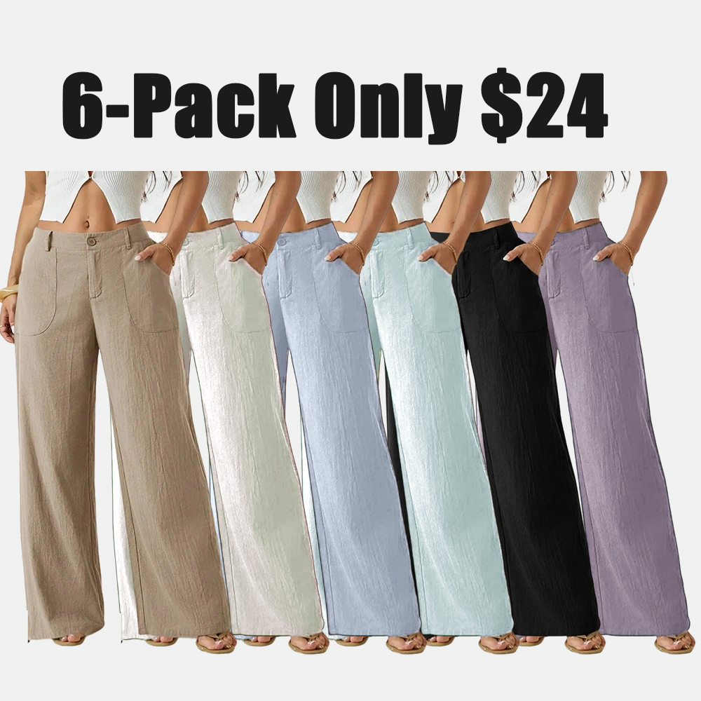 Women's Classical Linen Palazzo Pants Summer Flowy Wide Straight Leg Beach Trousers With Pocket