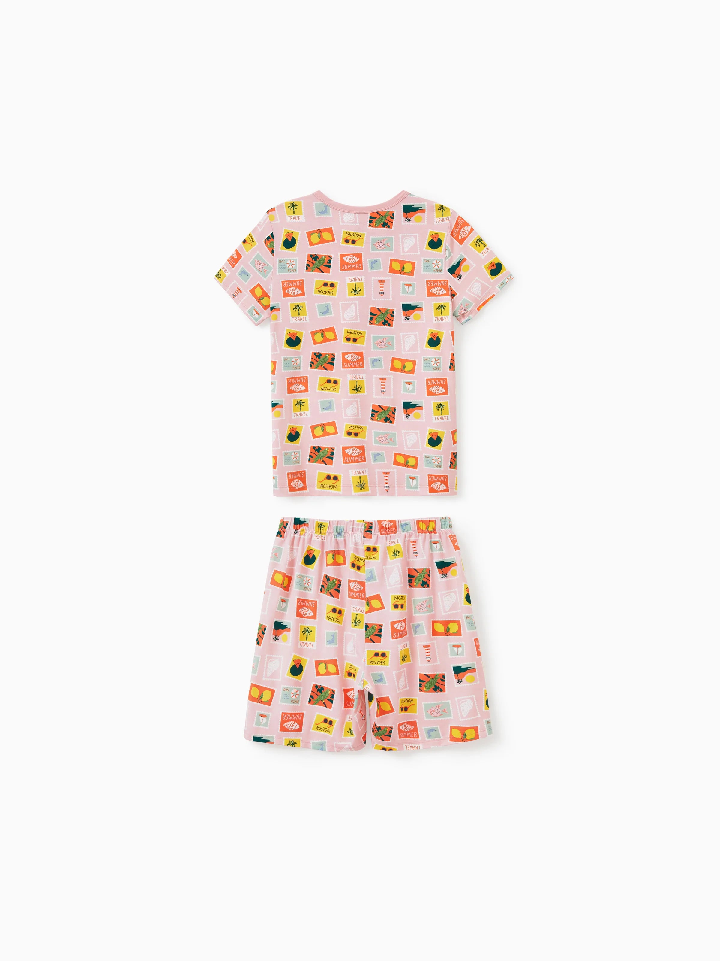 Bamboo Family Pajamas Vacation Theme Print Short-sleeve Matching Pajama set (Snug-Fitting for Children) Color block