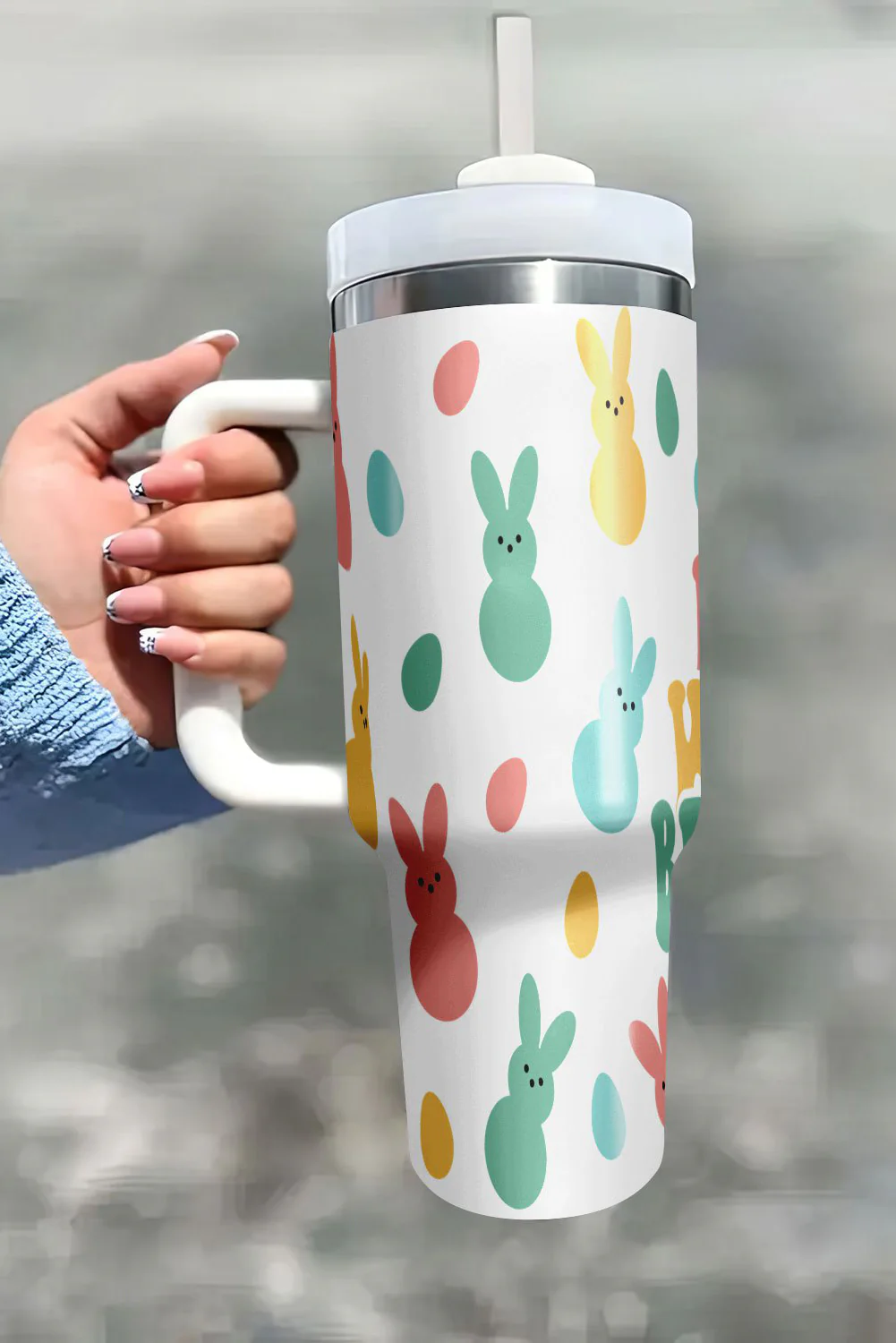 White DONT WORRY BE HOPPY Bunny Print Thermal Tumbler 40oz