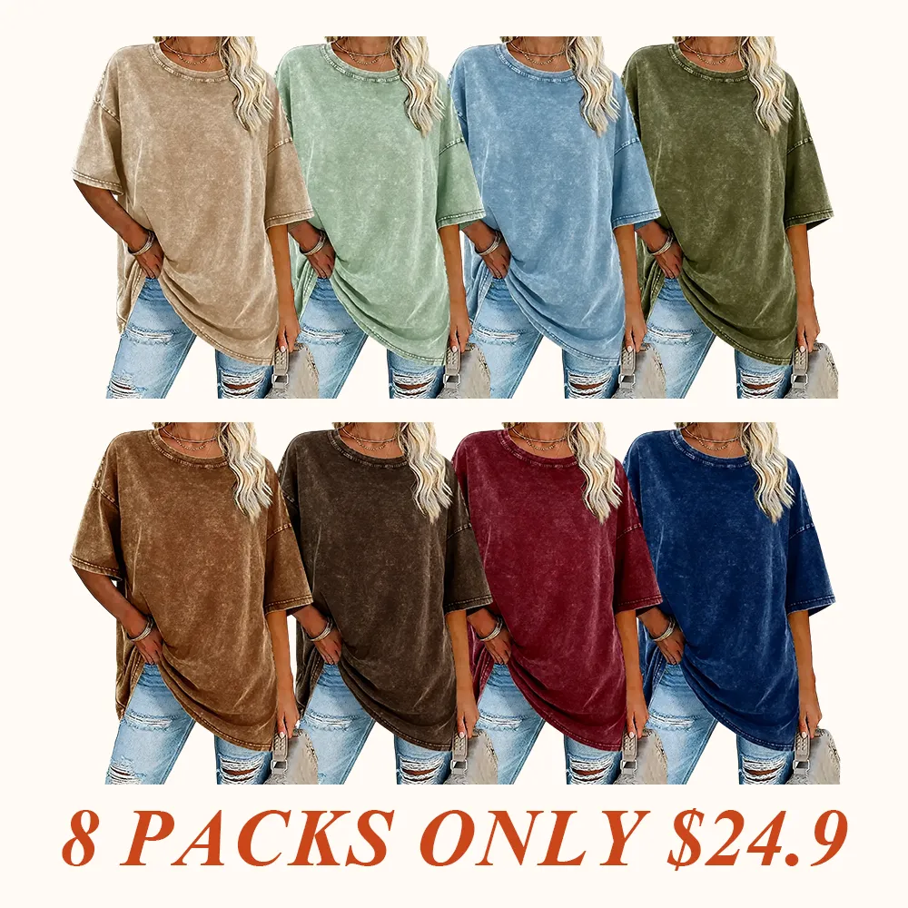 Women's Oversized T Shirts Acid Washed Heavy Cotton Vintage Unisex Tees Loose Fit Short Sleeve Casual