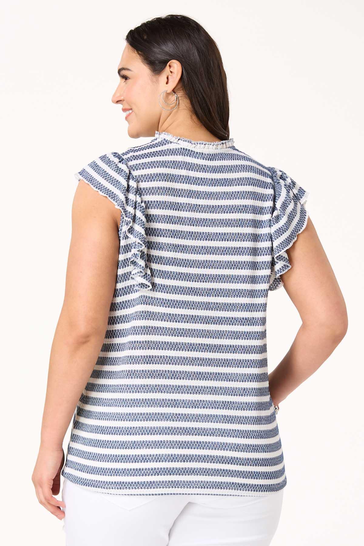 Plus Size Textured Stripe Ruffle Trim Top