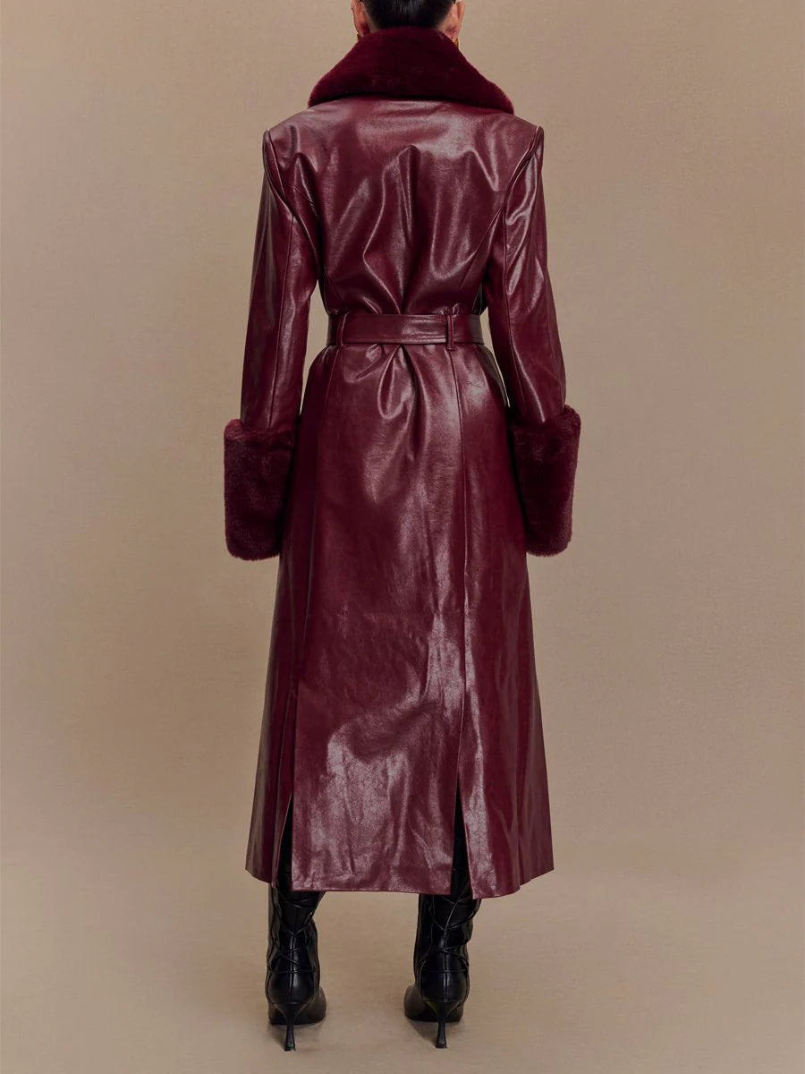 Fashion Faux Leather Trench Coat With Faux Fur