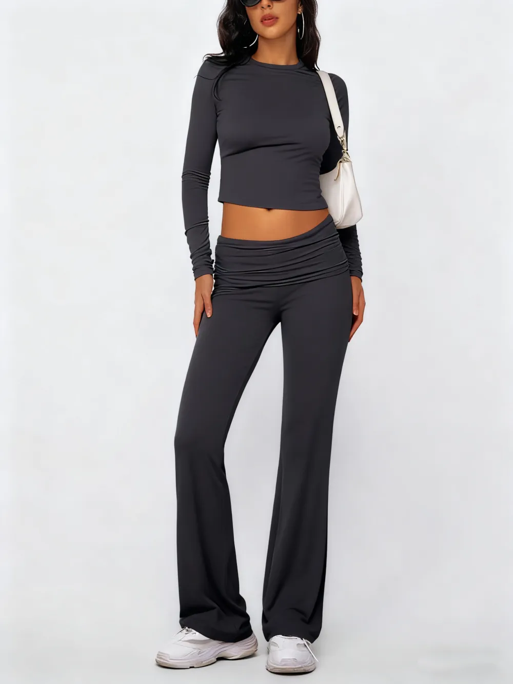 Casual Longsleeves Crop Tee & Fold Over Waist Flare Leg Pants Set
