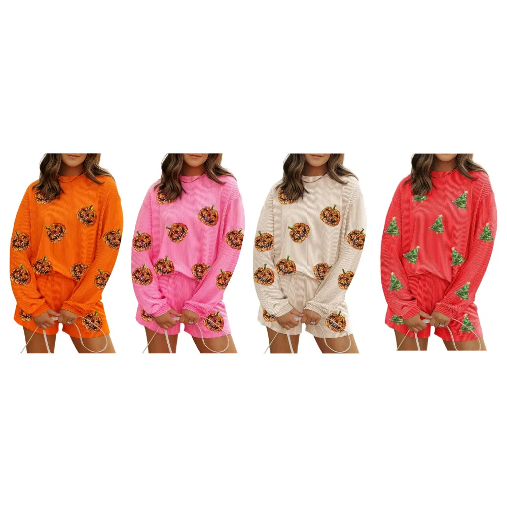 Women’s Sequin Pullover & Shorts Set – 2-Piece Casual Outfit