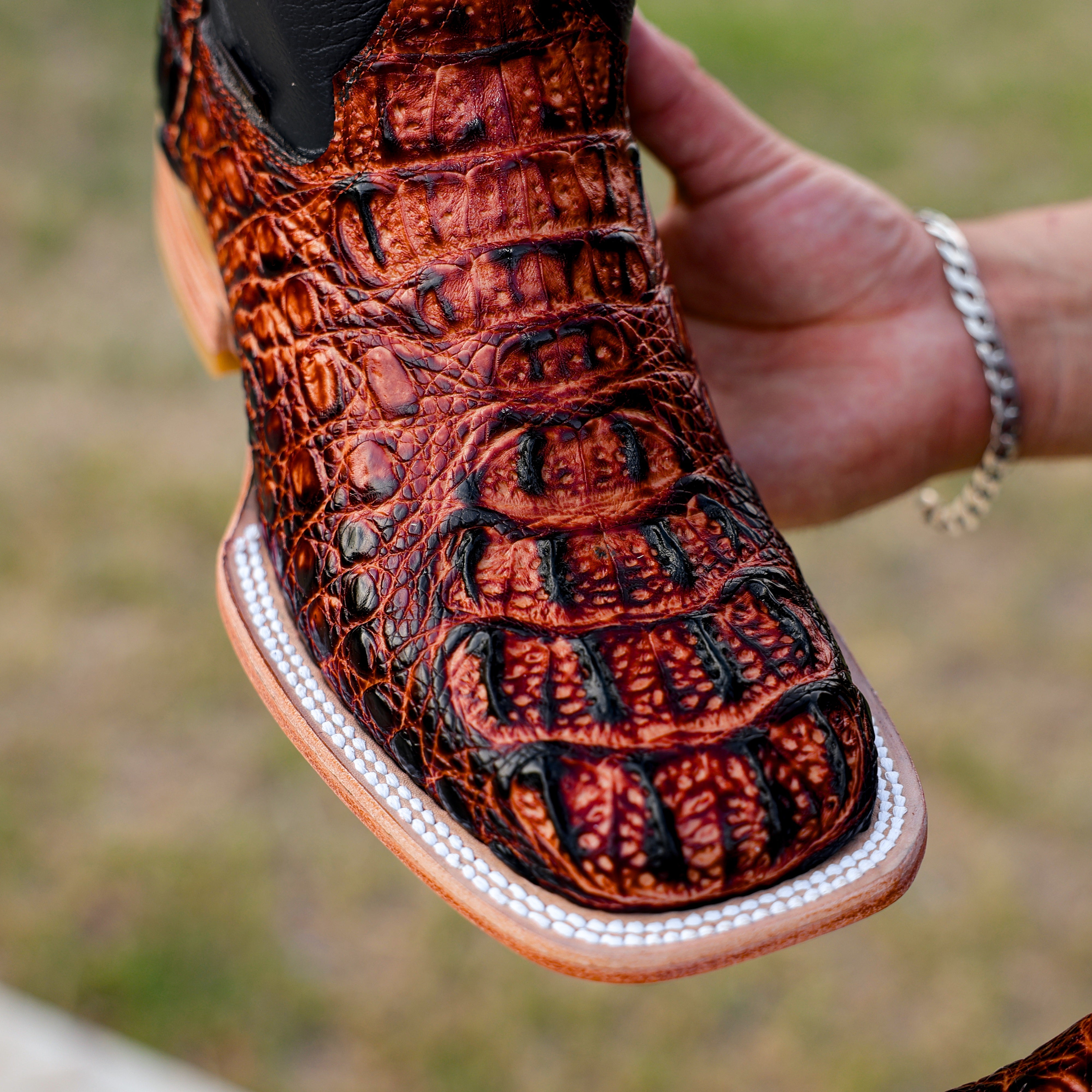 Cognac Caiman Neck Leather Boots - Square Toe