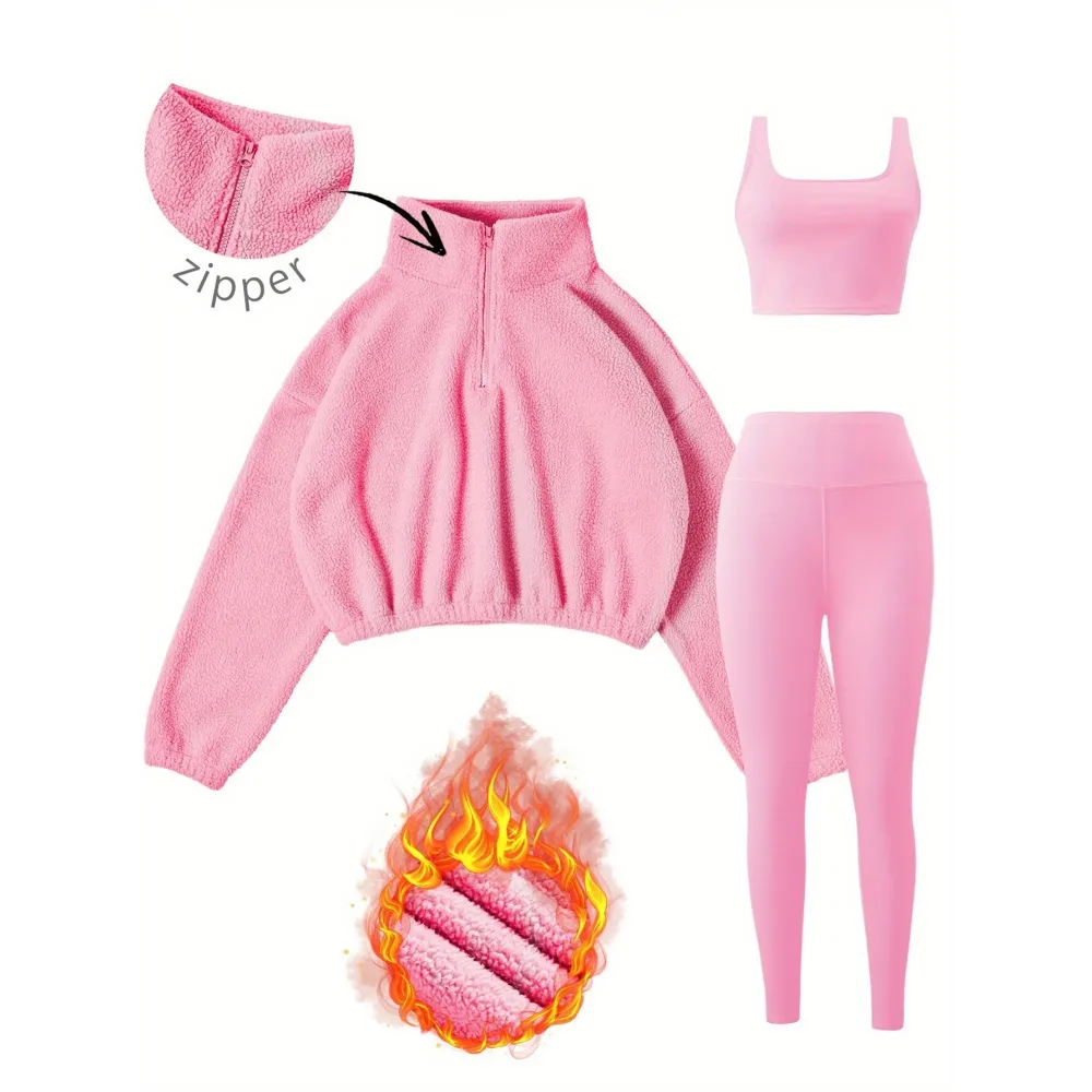 Women's 3-Piece Workout Set (Half-Zip Top, Bra, Yoga Pants)