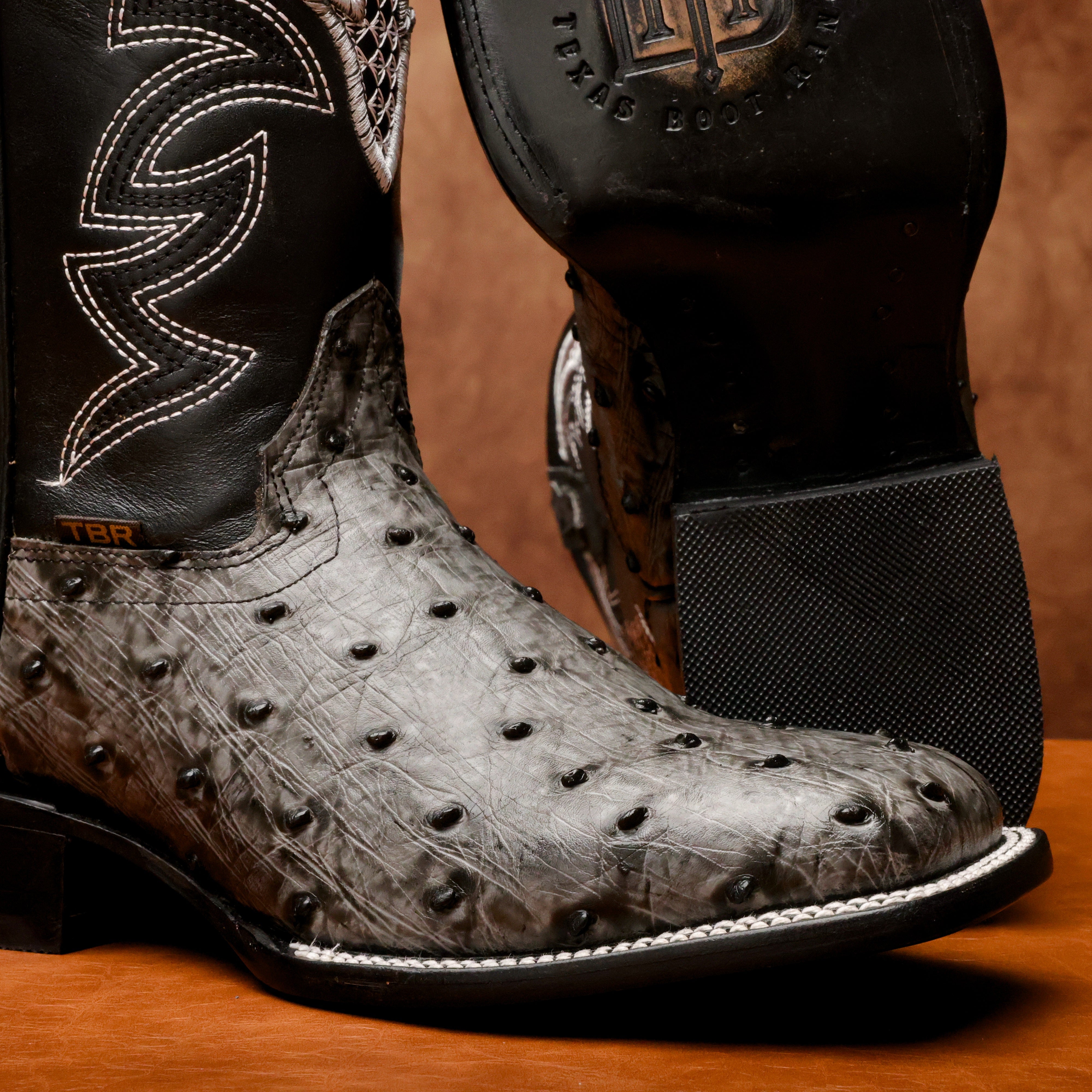 Grey Ostrich Leather Boots - Square Toe