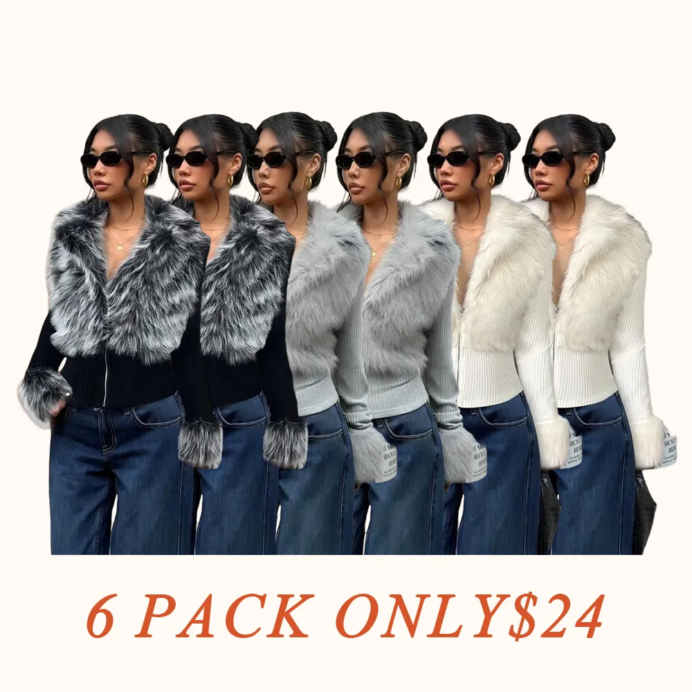 Women's Fashion Street Style Patchwork Knit Faux Fur Jacket