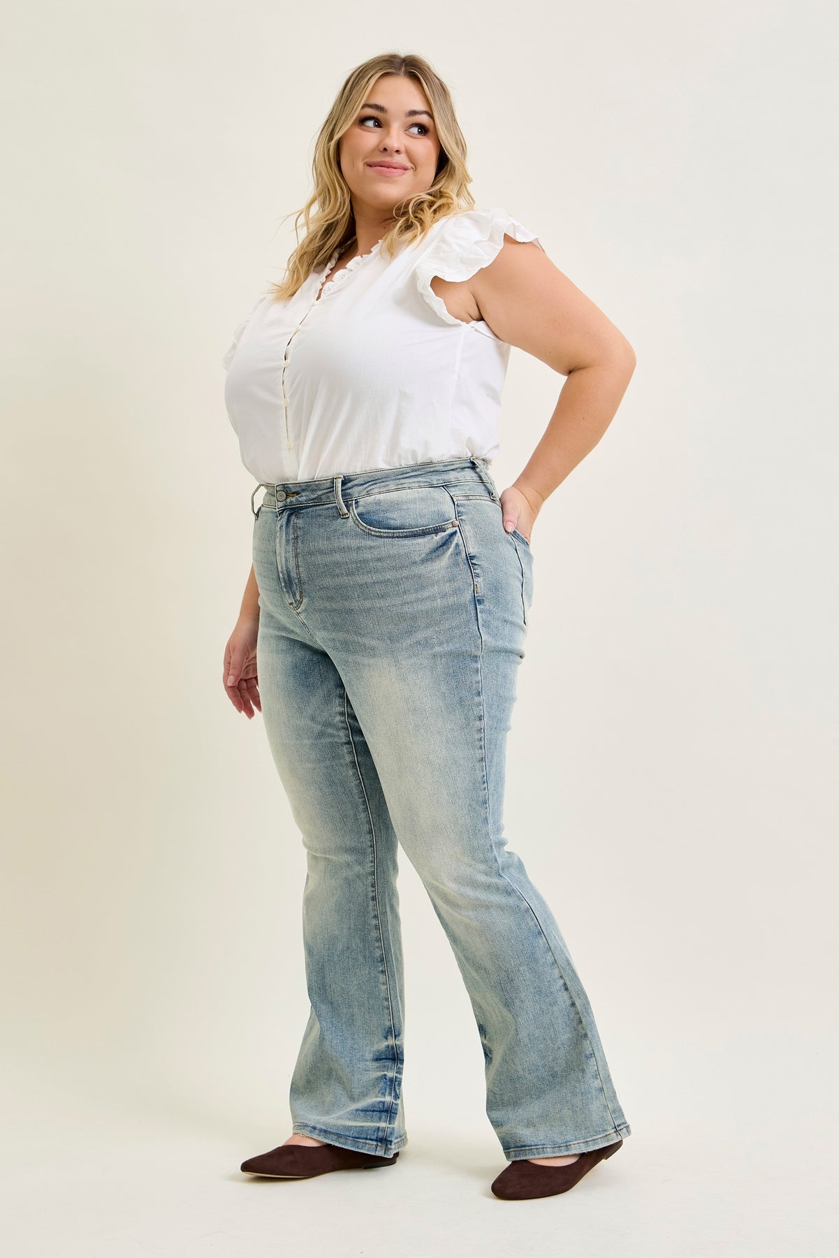 Megan Mid Rise Tinted Pin Tack Detail Flare Jeans - PLUS