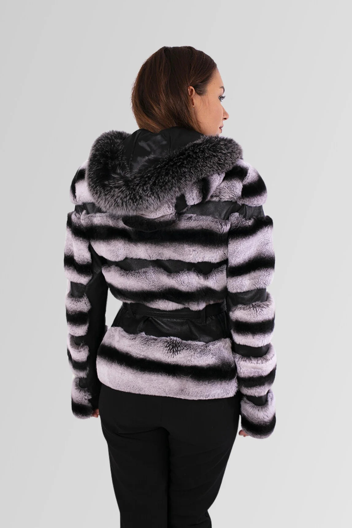 Haină din Blană Naturală de Rex Chinchilla, cu Glugă și Cordon, Femei, Grey Frost 173