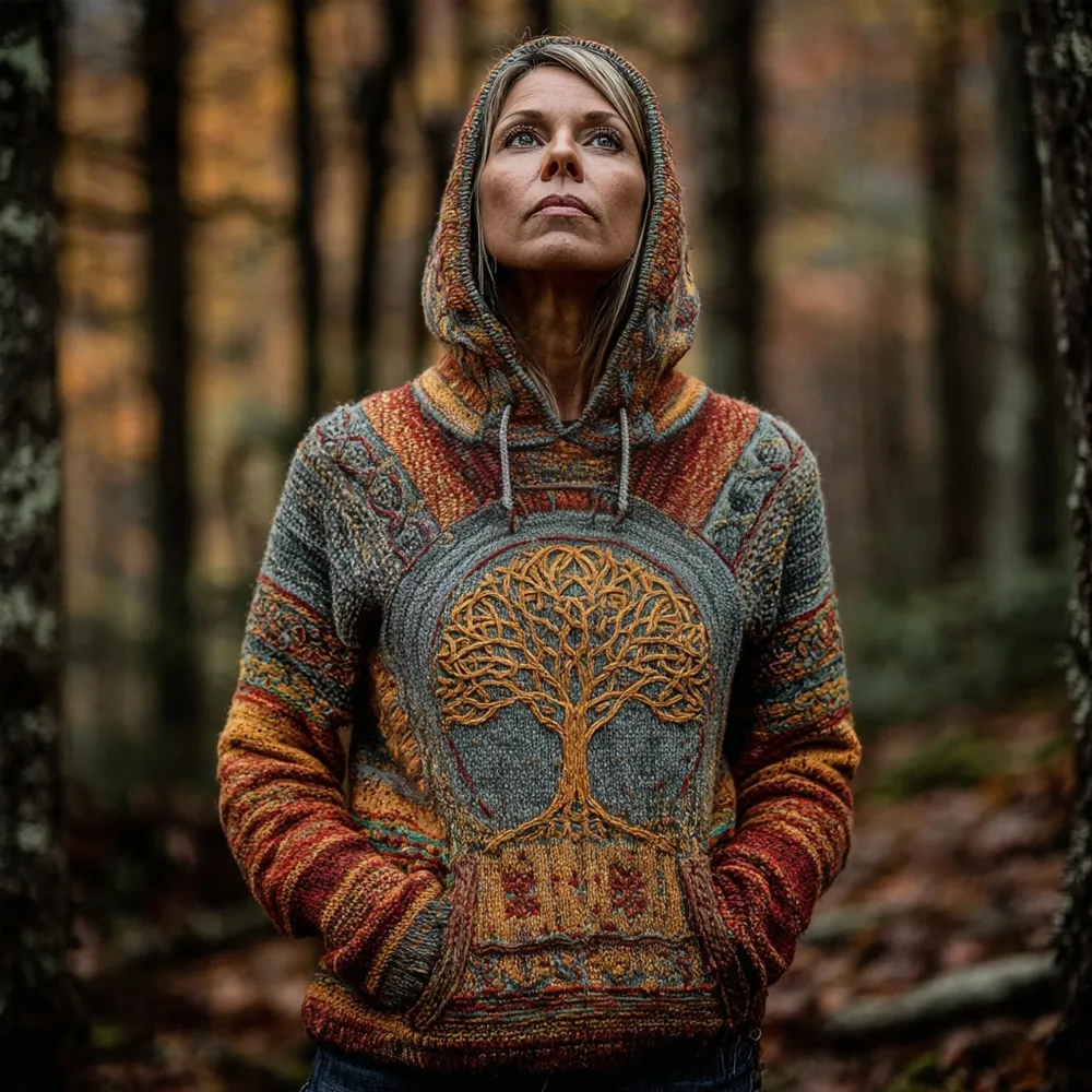 Vintage Viking Inspired Tree Of Life Cozy Hooded Sweater