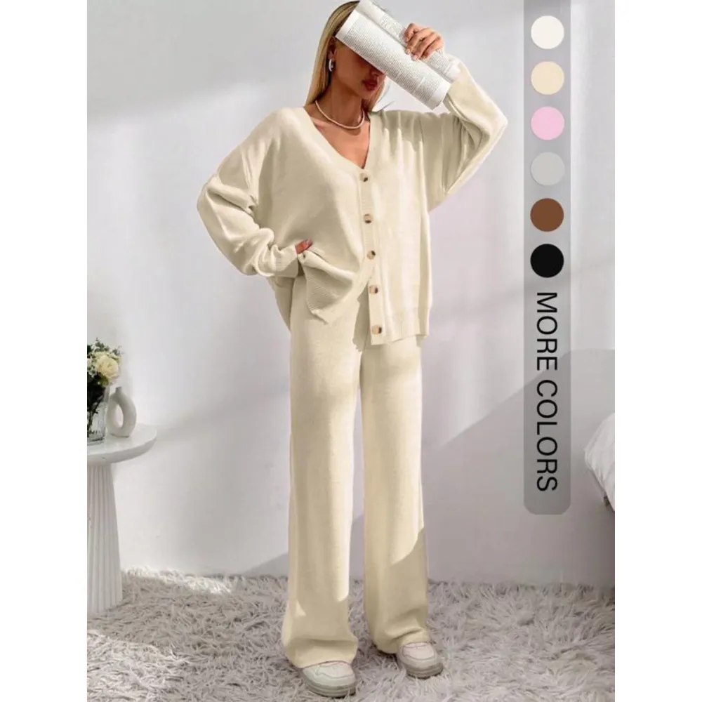 Women's Button Front V-Neck Cardigan & Wide Leg Pants Set