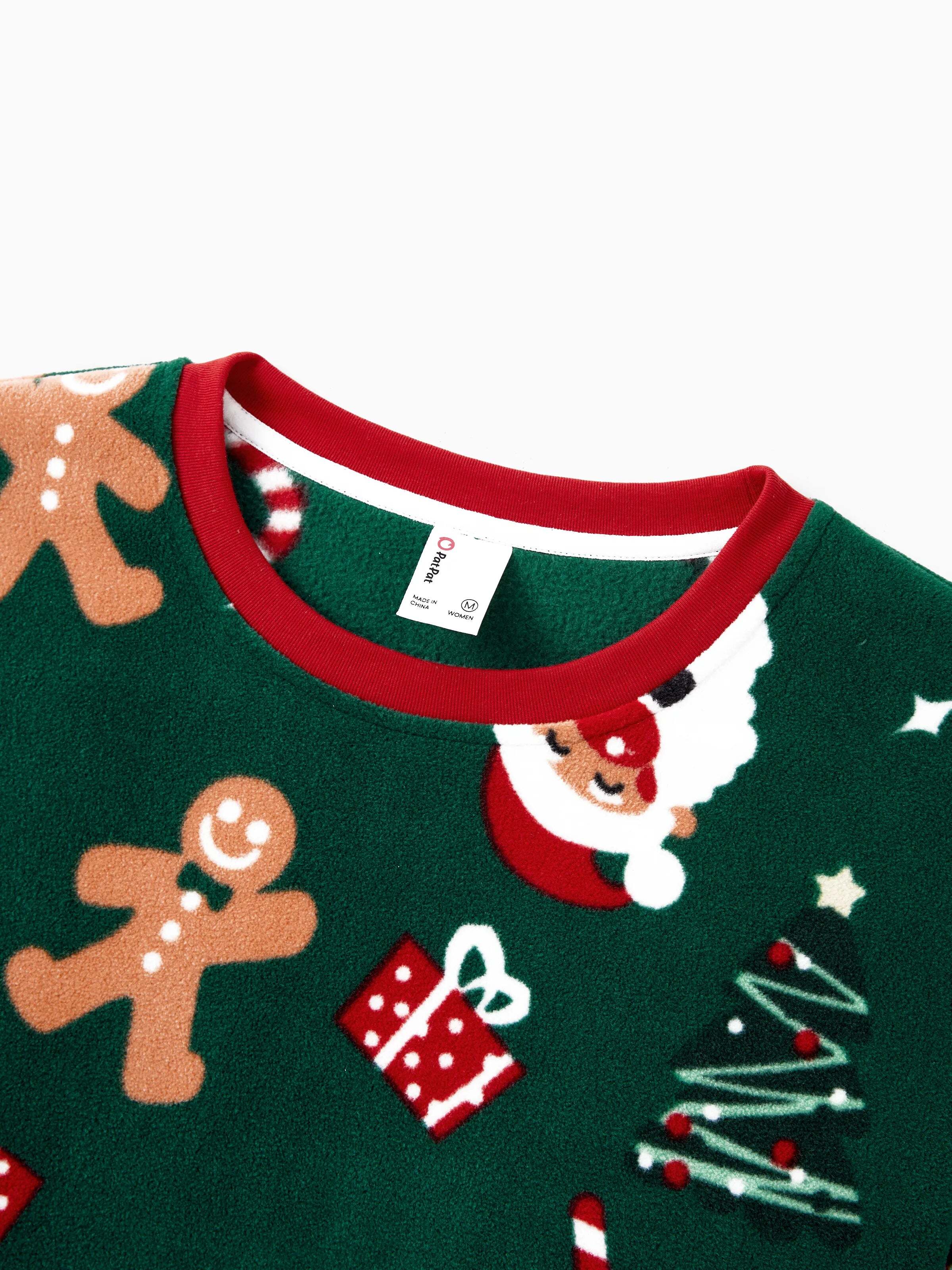Christmas Pajamas Family Matching Fleece Gingerbread Man Long Sleeves Pajamas Sets with Christmas Socks Dark Green