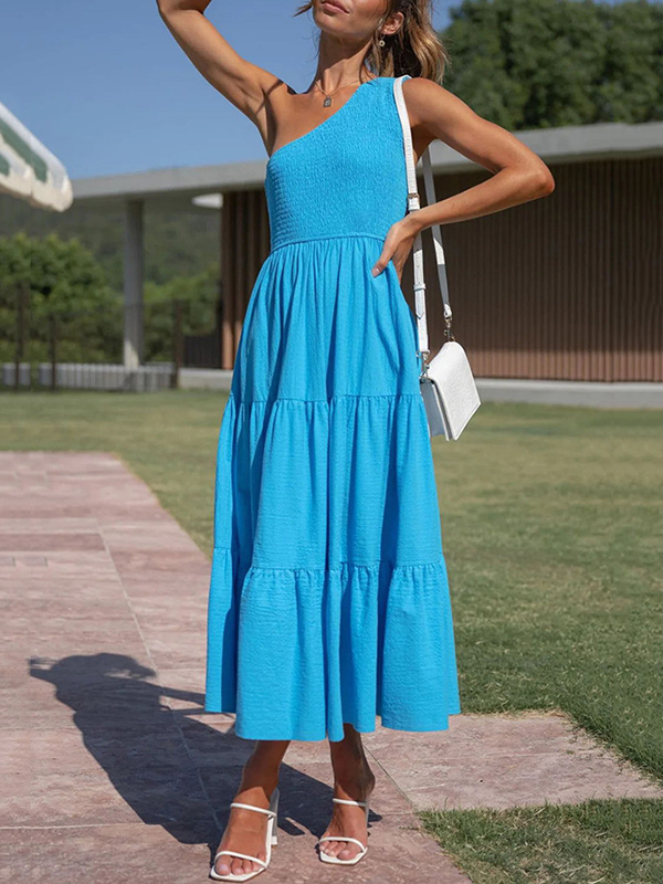 Pleated Solid Color Loose One-shoulder Midi Dresses