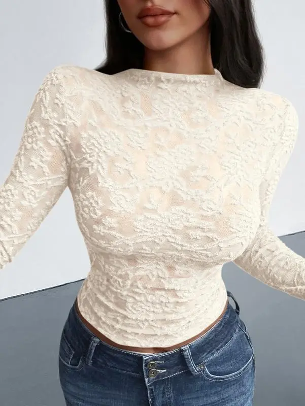 Mesh Long Sleeve Tops for Women Lace Sexy Sheer Tight See Through Crew Neck